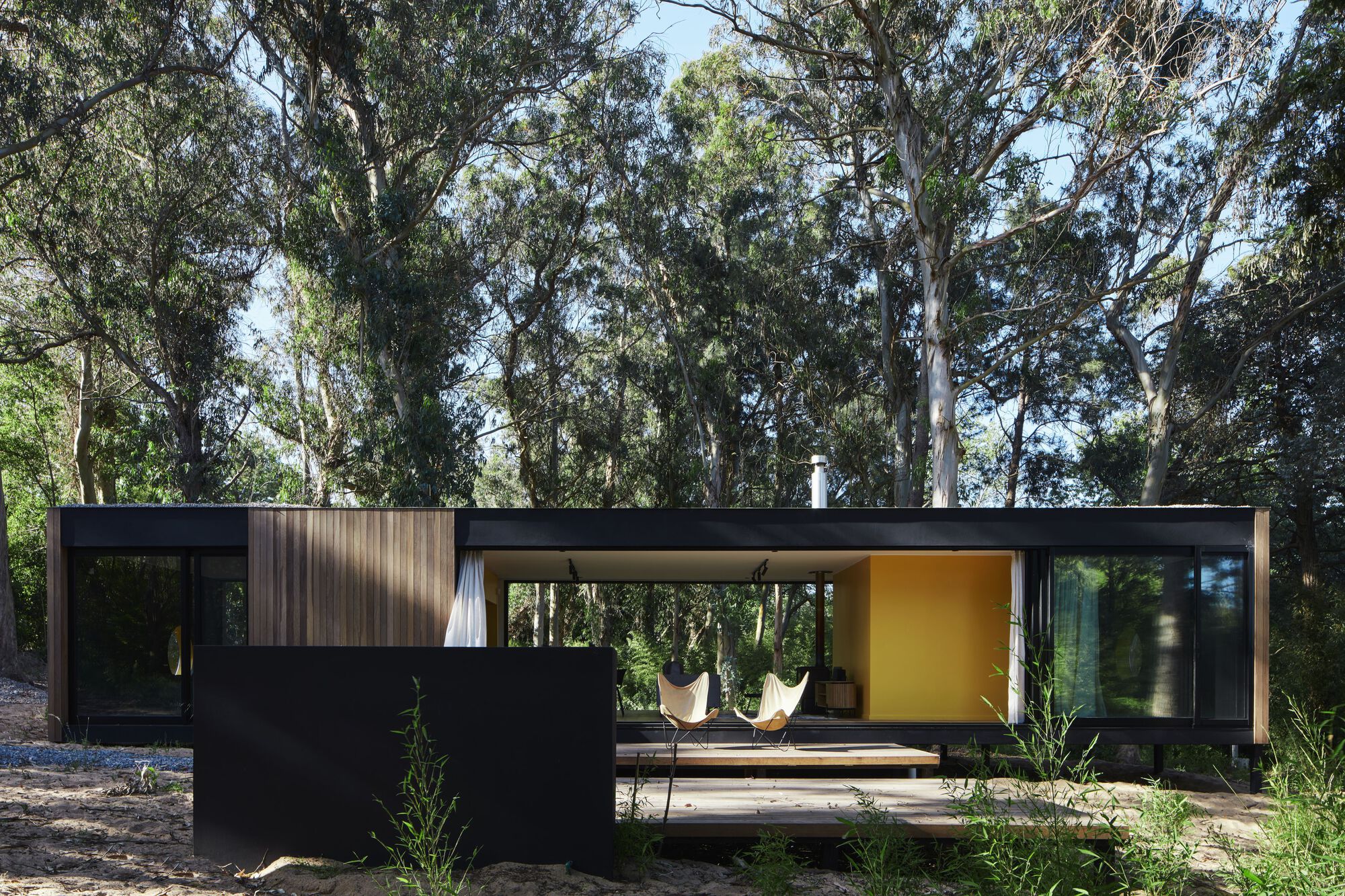Deck terrace with freestanding black wall extending from the glazed living pavilion into the woodland clearing