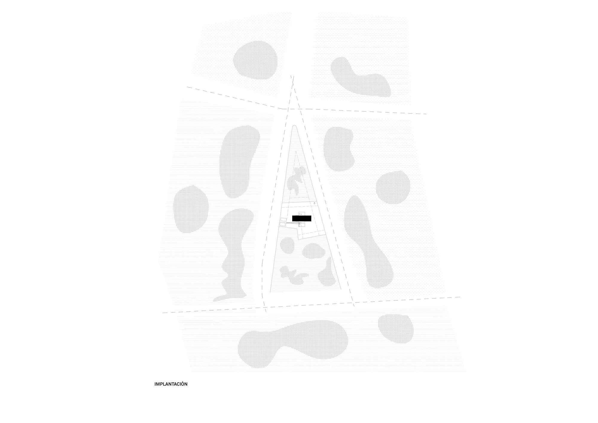Site plan drawing showing the linear structure positioned among scattered tree canopies