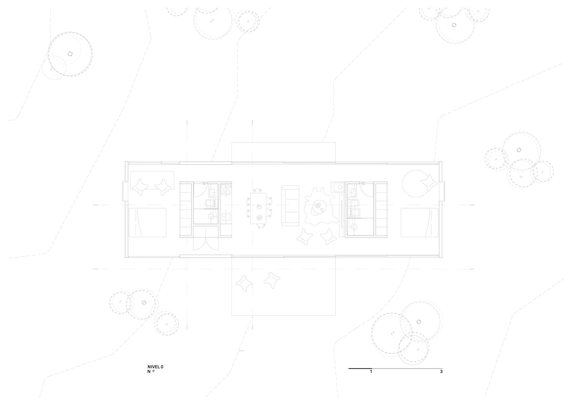 Floor plan drawing showing the elongated rectangular layout with central living and flanking bedrooms