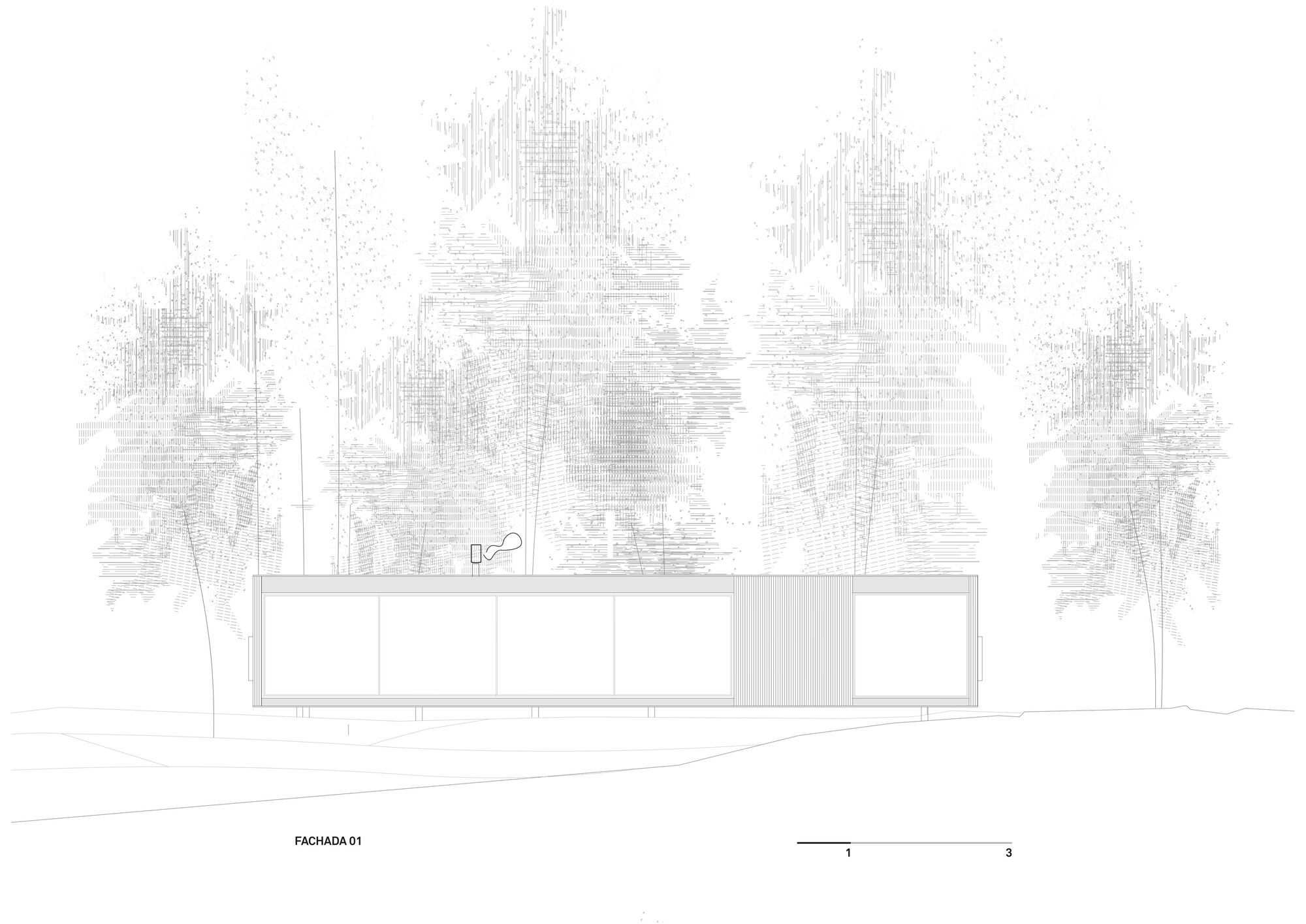 Elevation drawing showing a horizontal volume with glazed panels and tall trees rendered in line work