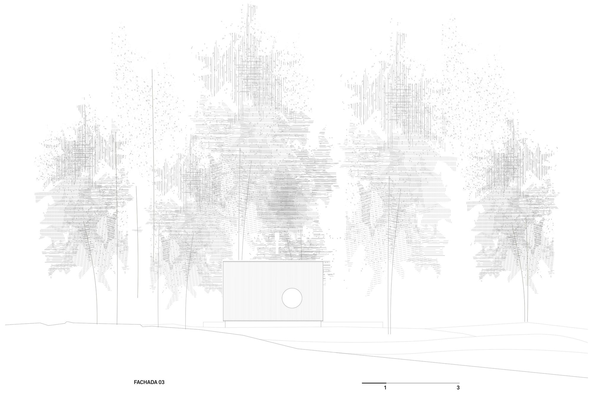 Elevation drawing showing a low horizontal volume with a circular window amid sketched palm trees