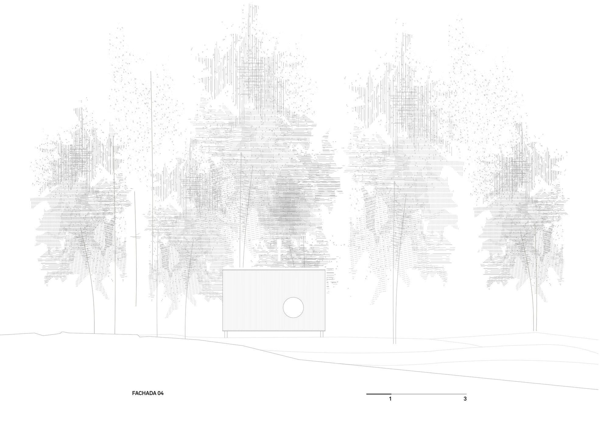 Elevation drawing showing a rectilinear volume with a circular window element and line-rendered tree canopies