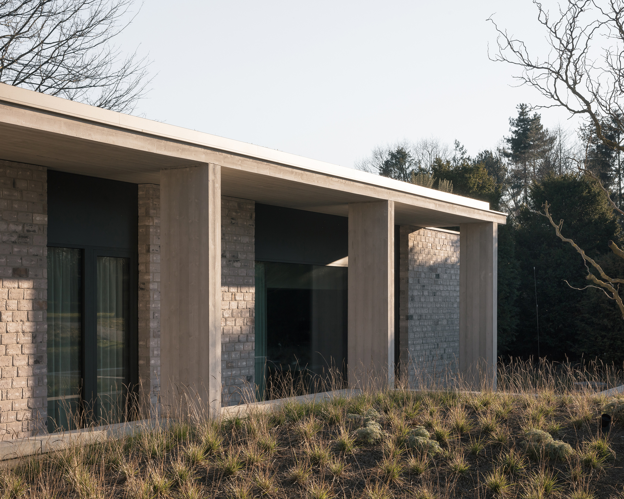 Concrete-framed terrace with brick infill walls surrounded by dormant grasses under a winter sky