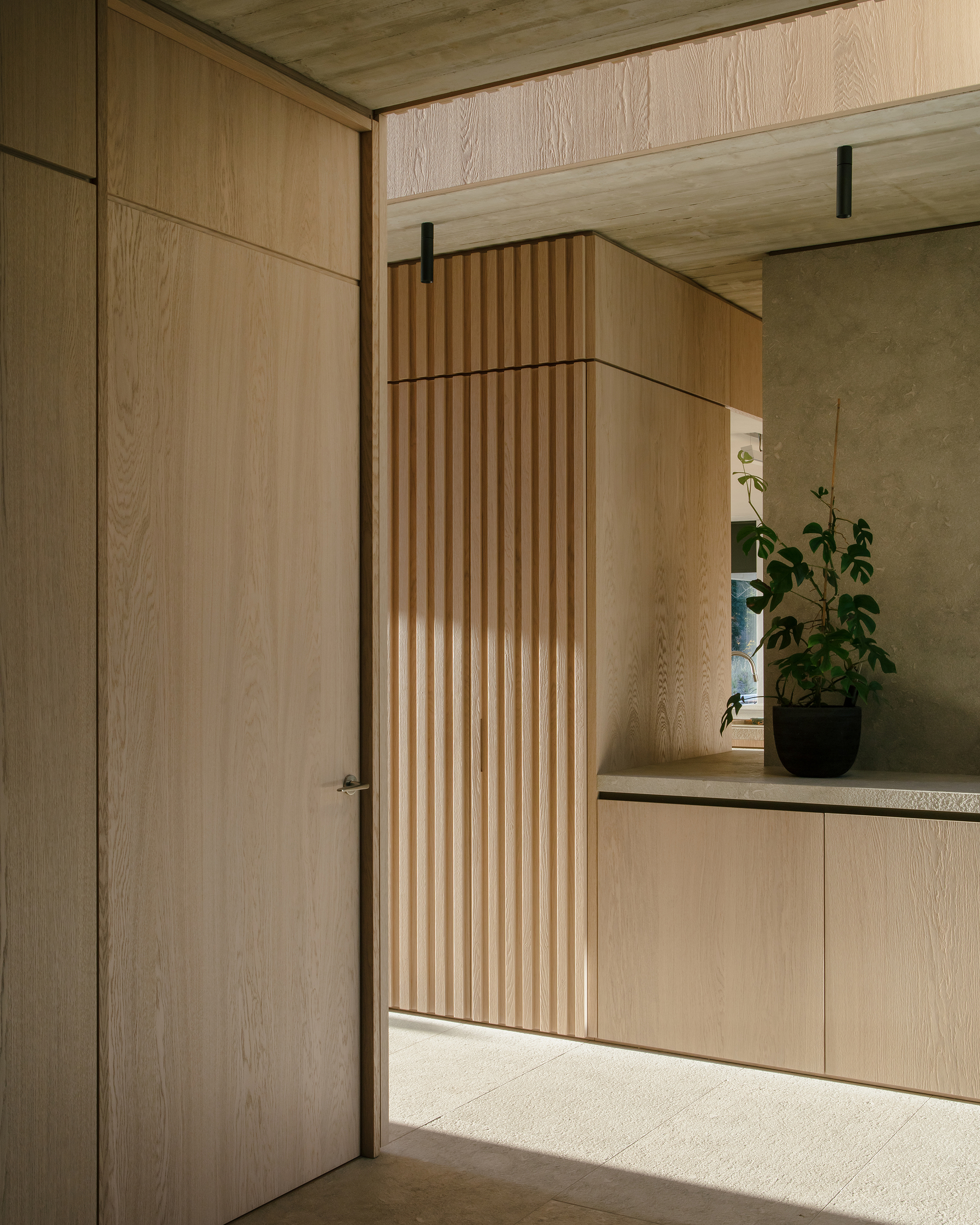 Flush timber door and slatted wall detail beside a low bench with potted plants