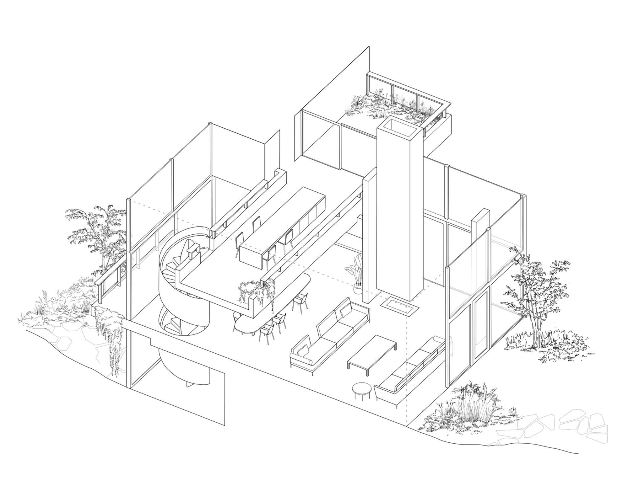 Axonometric drawing showing an open-plan interior with spiral stair, furniture layout and planted terraces