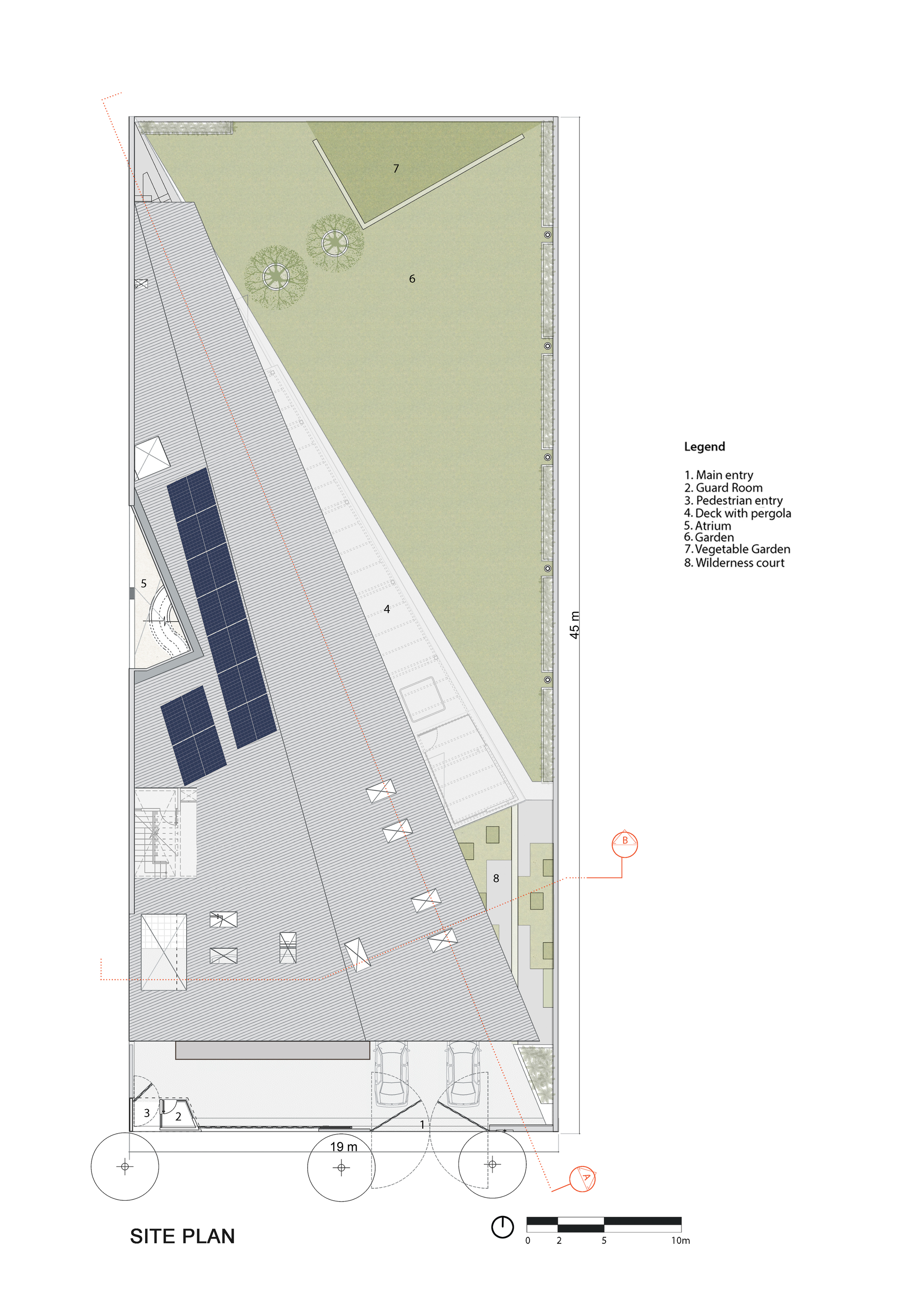 Site plan drawing showing triangular building footprint with adjacent lawn and tree placements