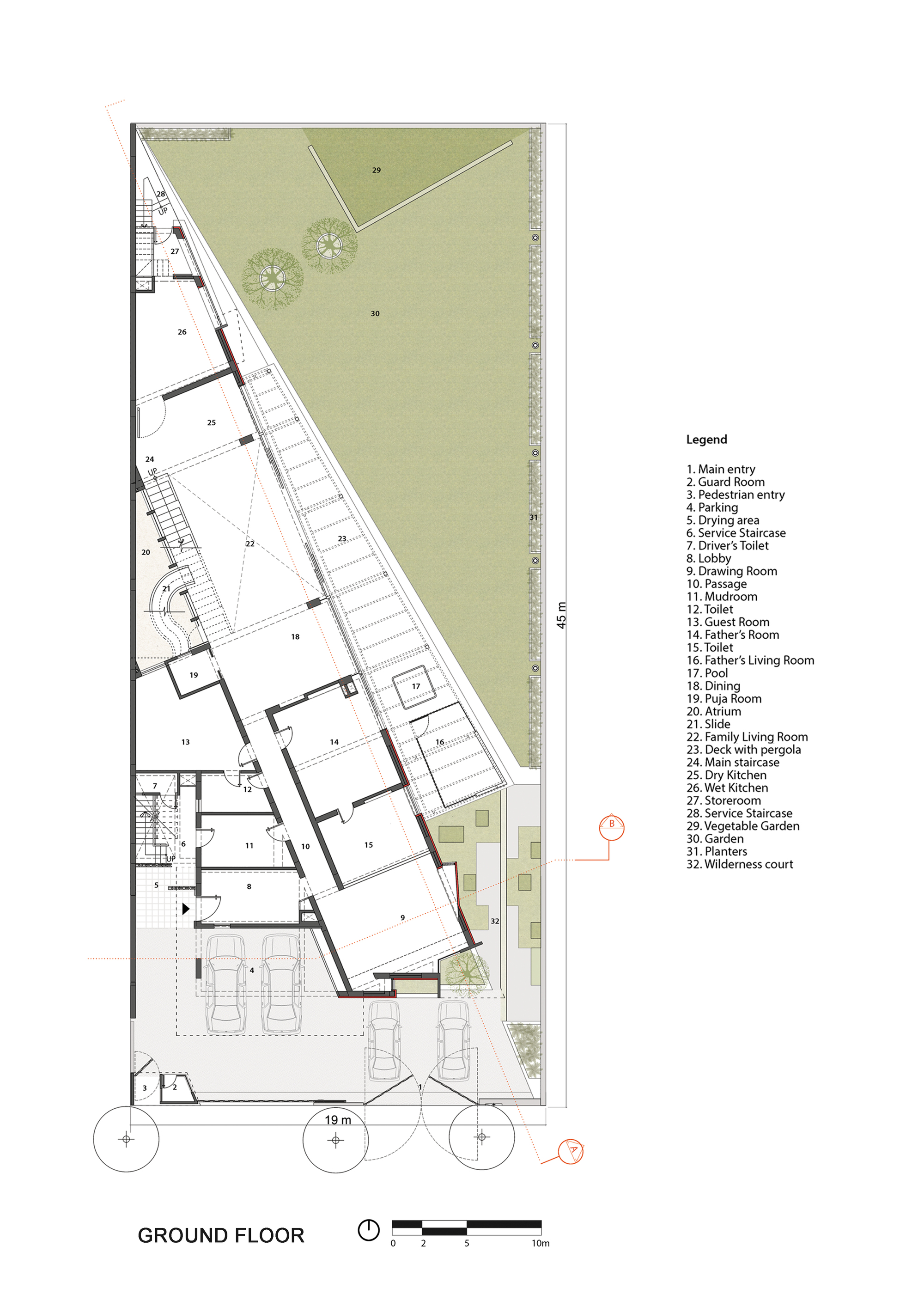 Ground floor plan drawing depicting angled geometry with main entry, living areas, and exterior garden court