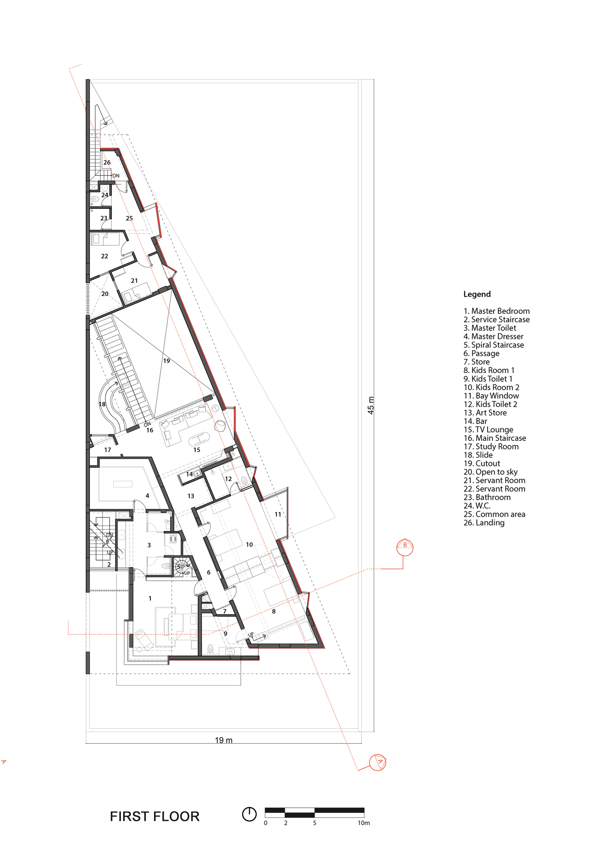 First floor plan drawing showing triangular layout with bedrooms, study spaces, and circulation along the angled perimeter