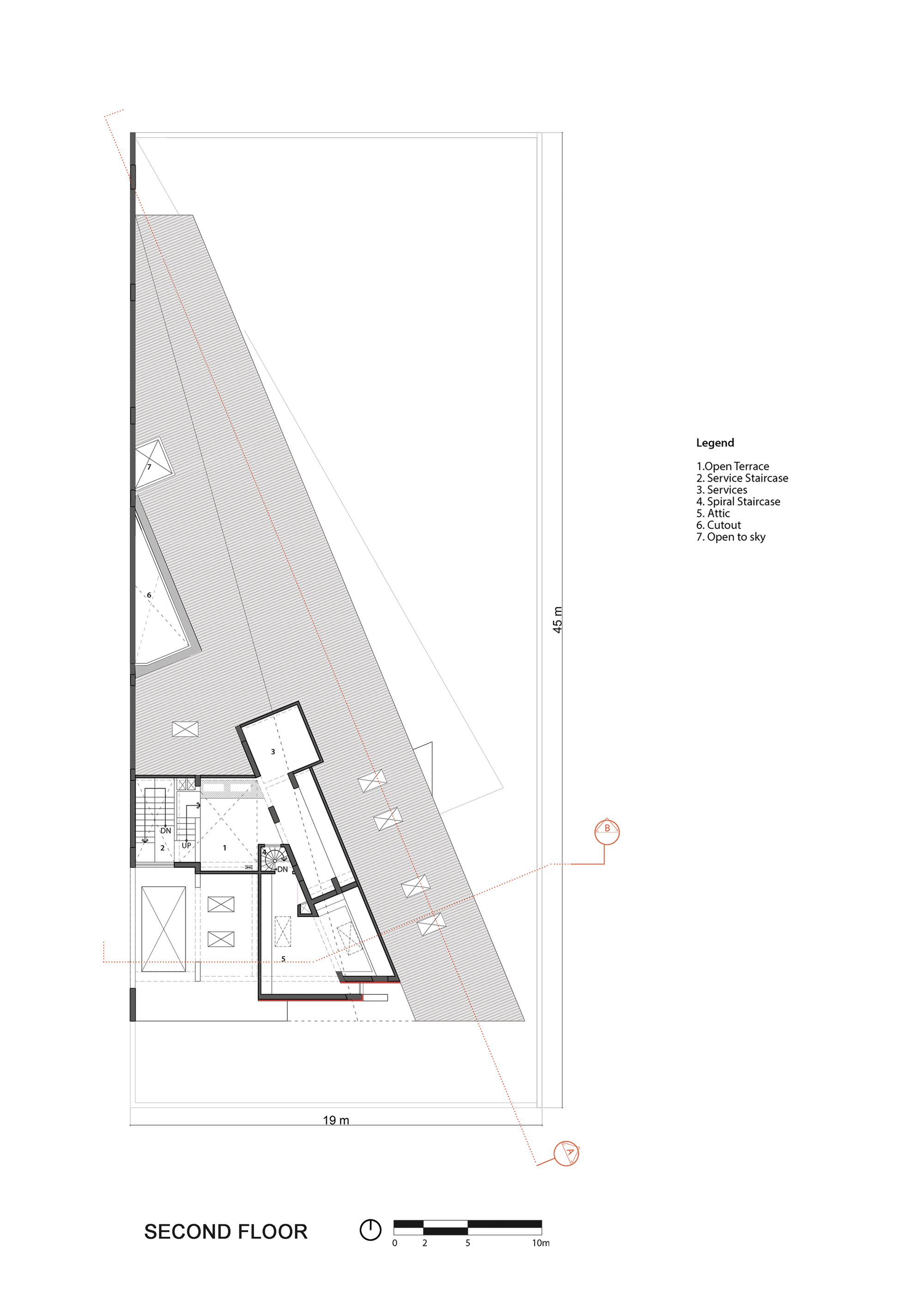 Second floor plan drawing illustrating open terrace with skylights and minimal enclosed service areas