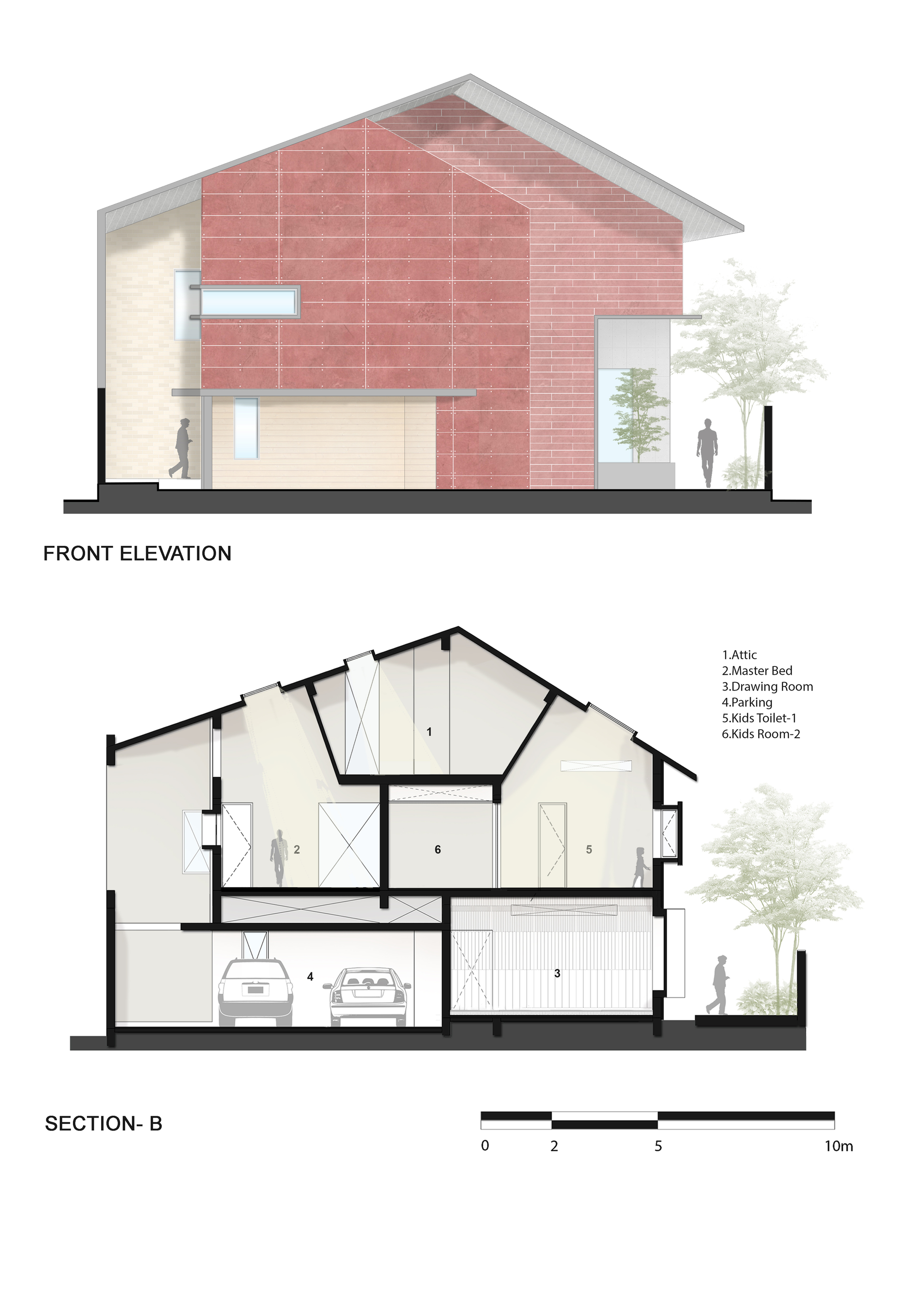 Front elevation and sectional drawing revealing the gabled pink brick form with skylit attic