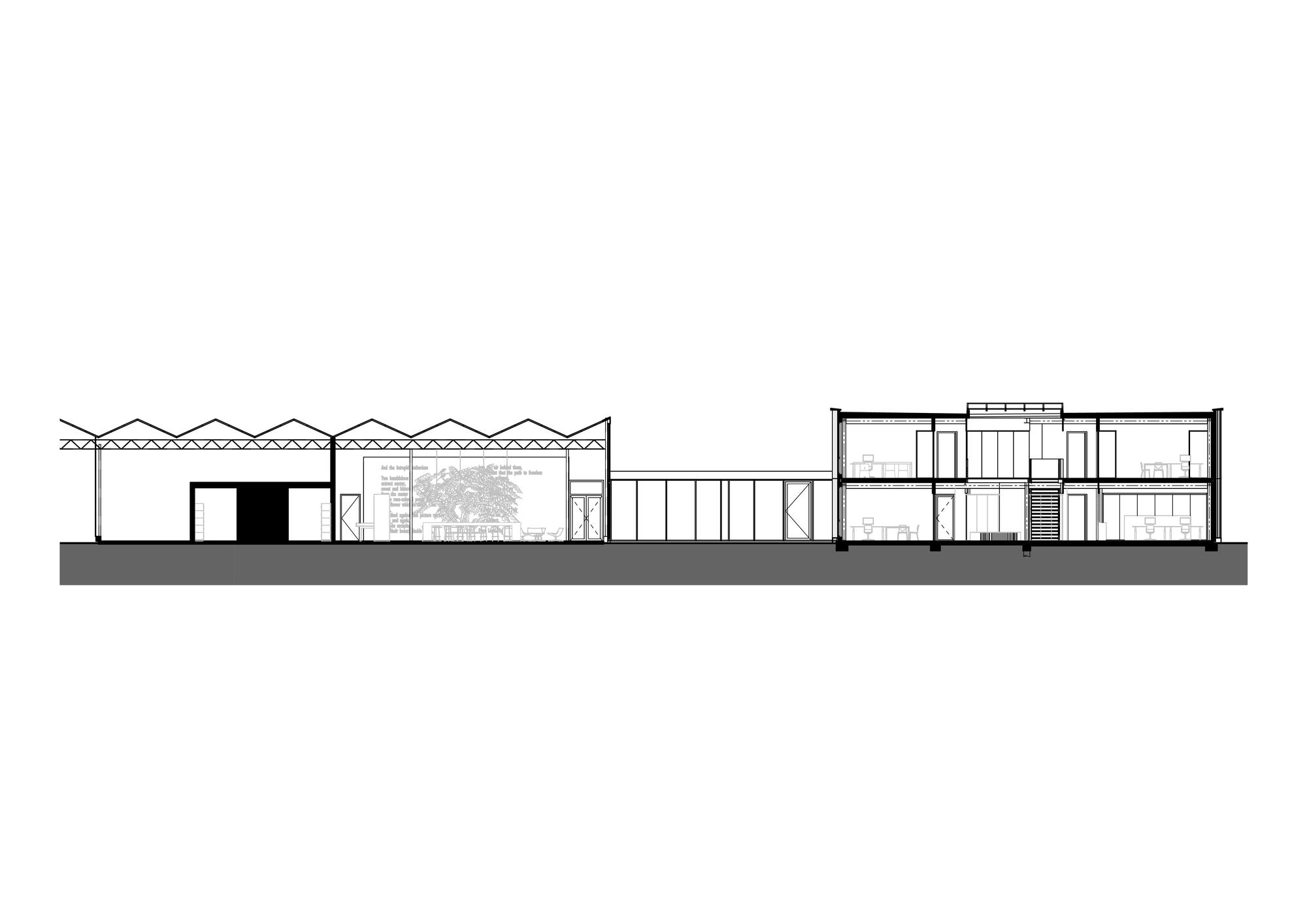 Section drawing revealing a complex with sawtooth roof on the left and two-story volumes on the right