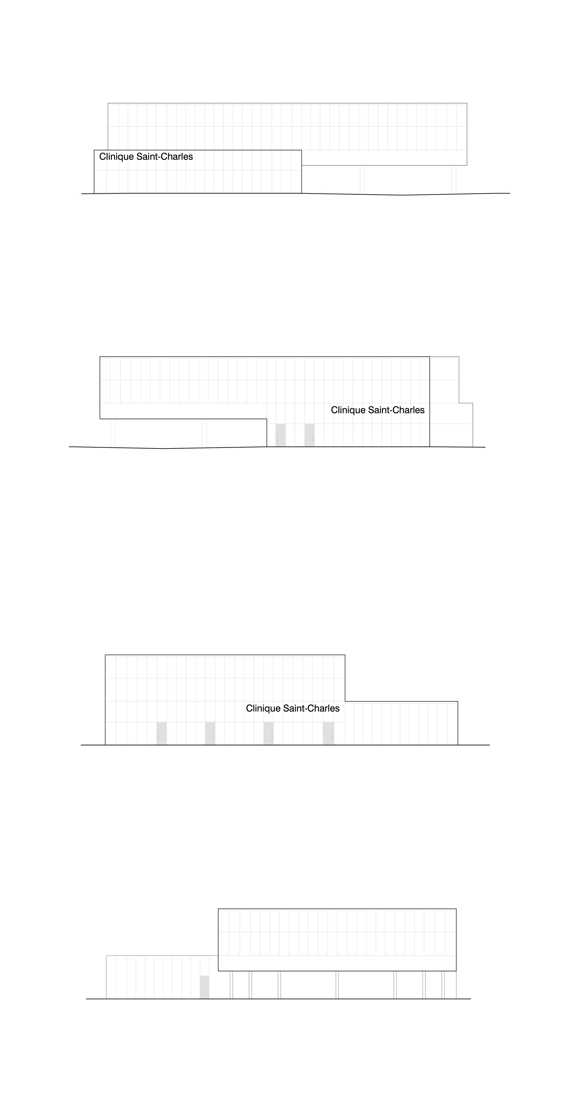Elevation drawings showing four views of a low-rise building with gridded facade and recessed entrance