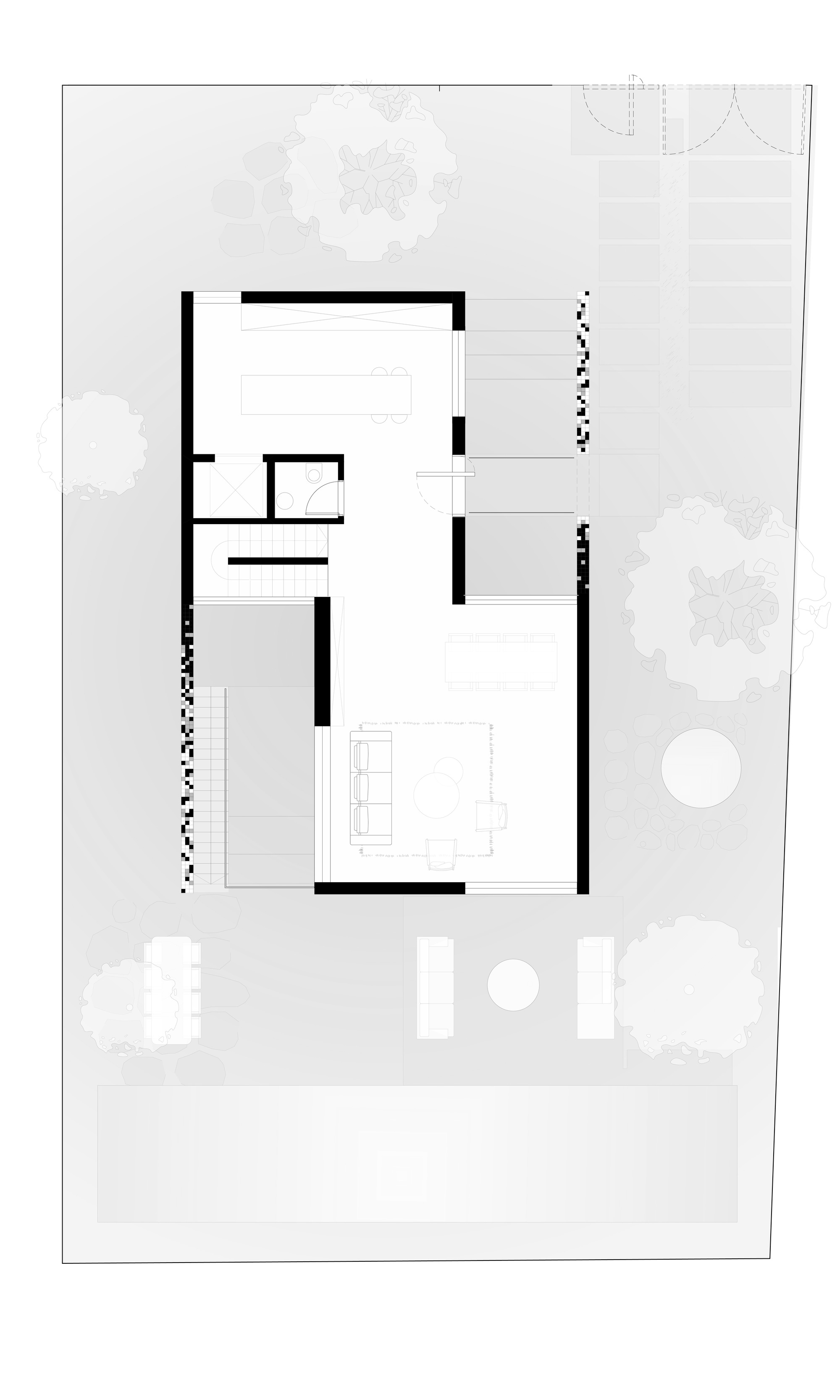 Site plan showing the residence footprint with surrounding garden beds and tree canopies