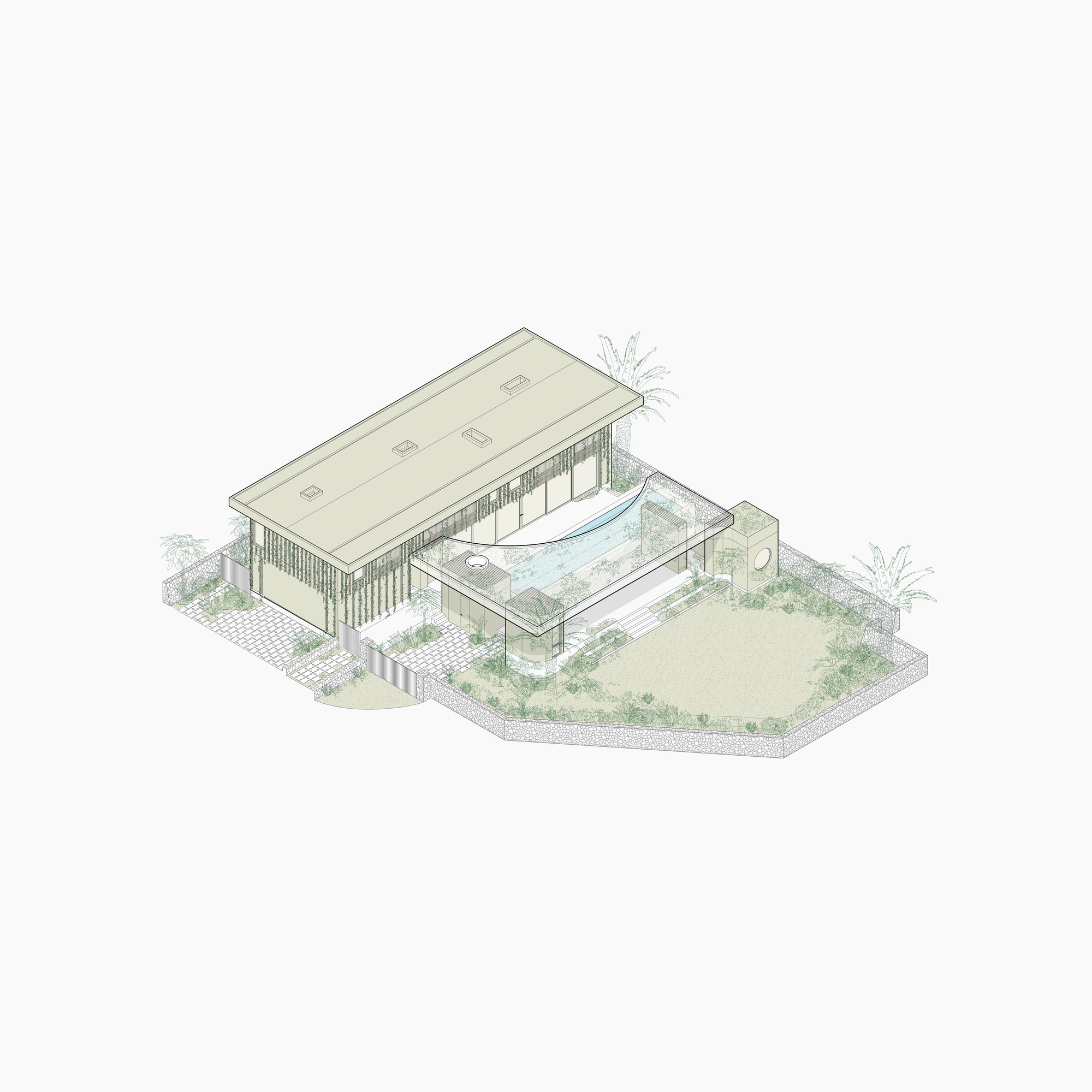 Axonometric drawing showing a flat-roofed structure with pool and planted courtyard on a pentagonal site