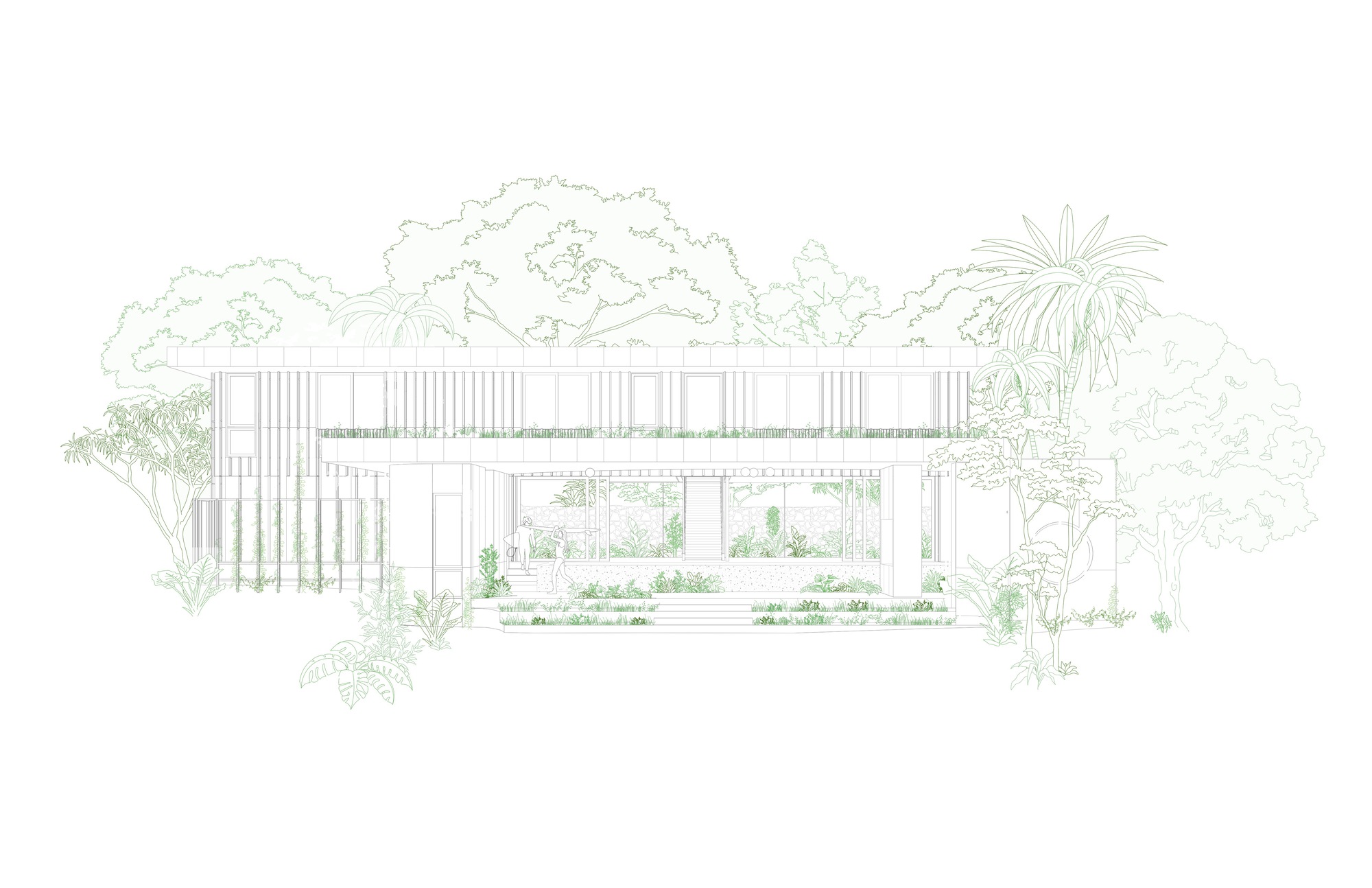 Elevation drawing depicting the slat-screened facade with courtyard and surrounding tropical vegetation