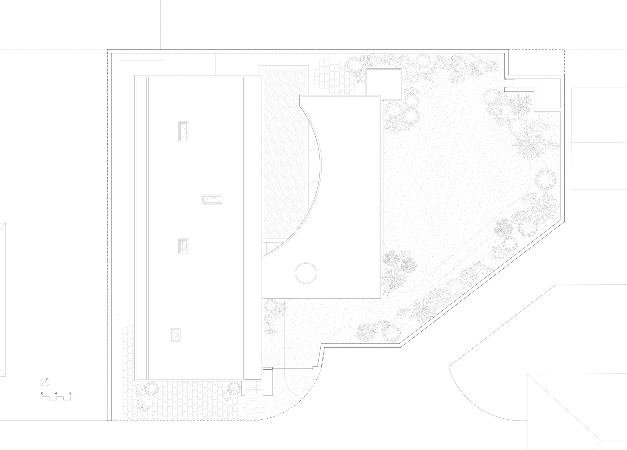 Site plan drawing showing the building footprint with pool and landscaped perimeter planting
