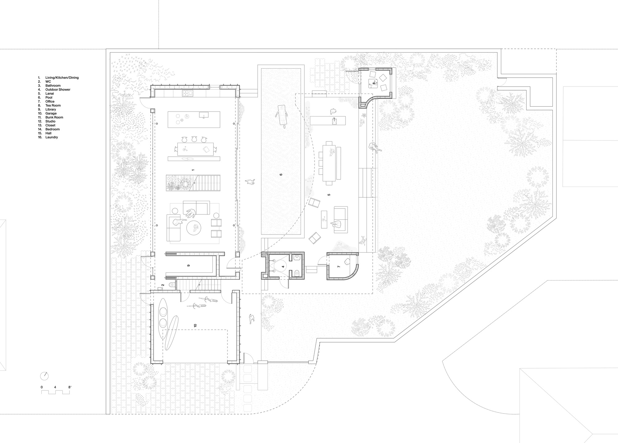 Floor plan drawing showing open living spaces arranged around a central pool and courtyard