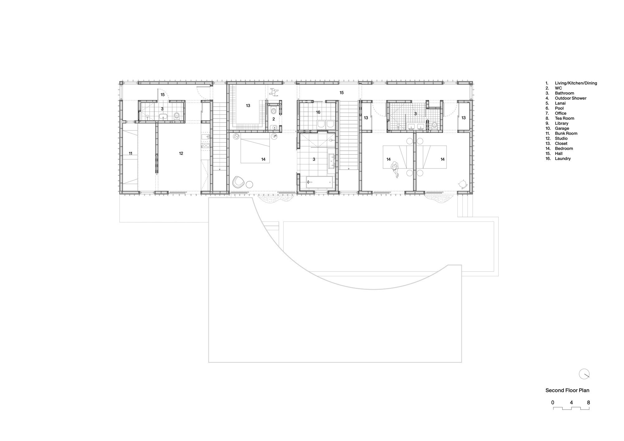 Second floor plan drawing showing a linear arrangement of bedrooms with en-suite bathrooms and balconies