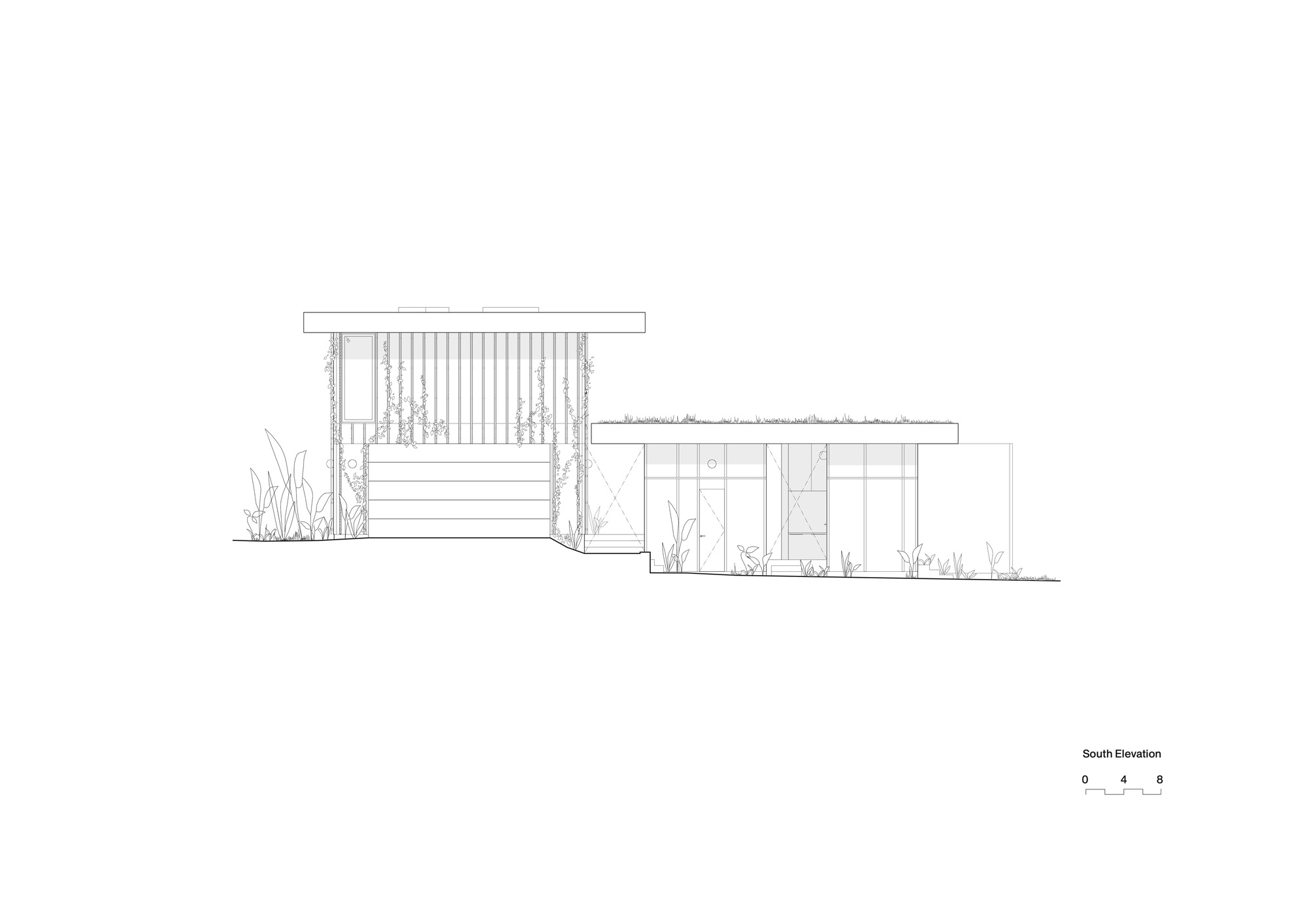 South elevation drawing showing the two-story facade with timber screens and planted ground plane