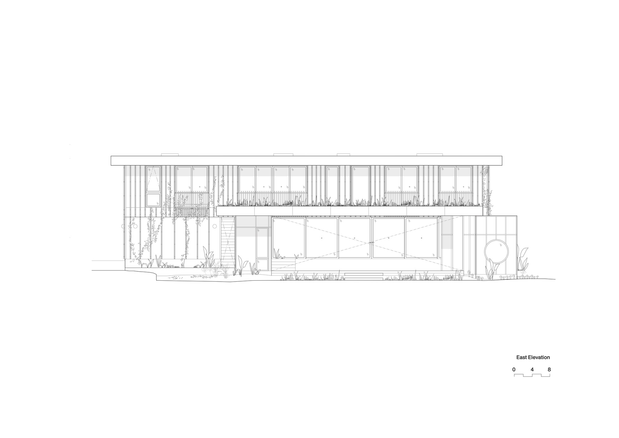 East elevation drawing showing the full two-story facade with vertical timber louvers and ground floor glazing