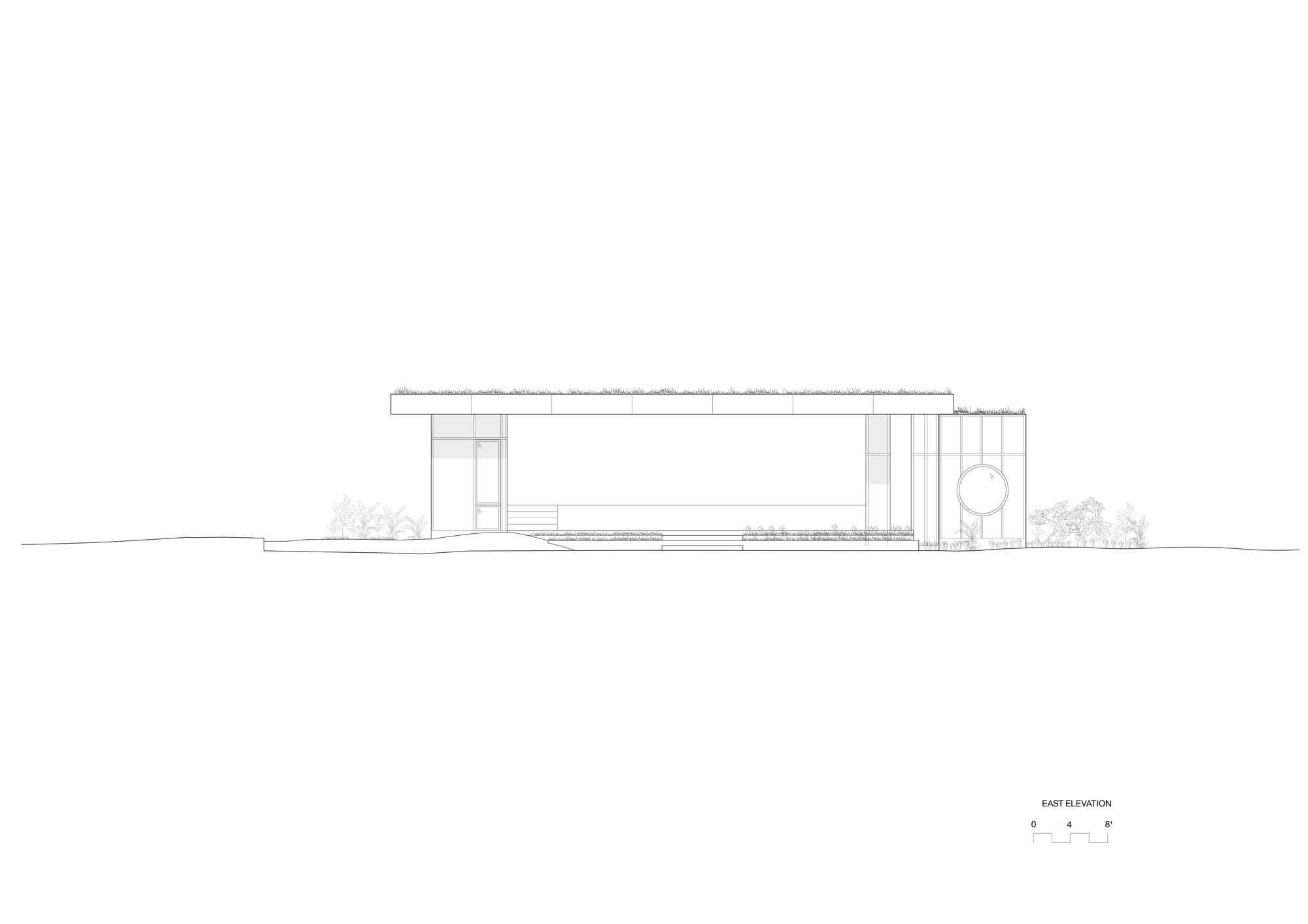 East elevation drawing showing a horizontal volume with flat roof and vertical circulation tower with circular element