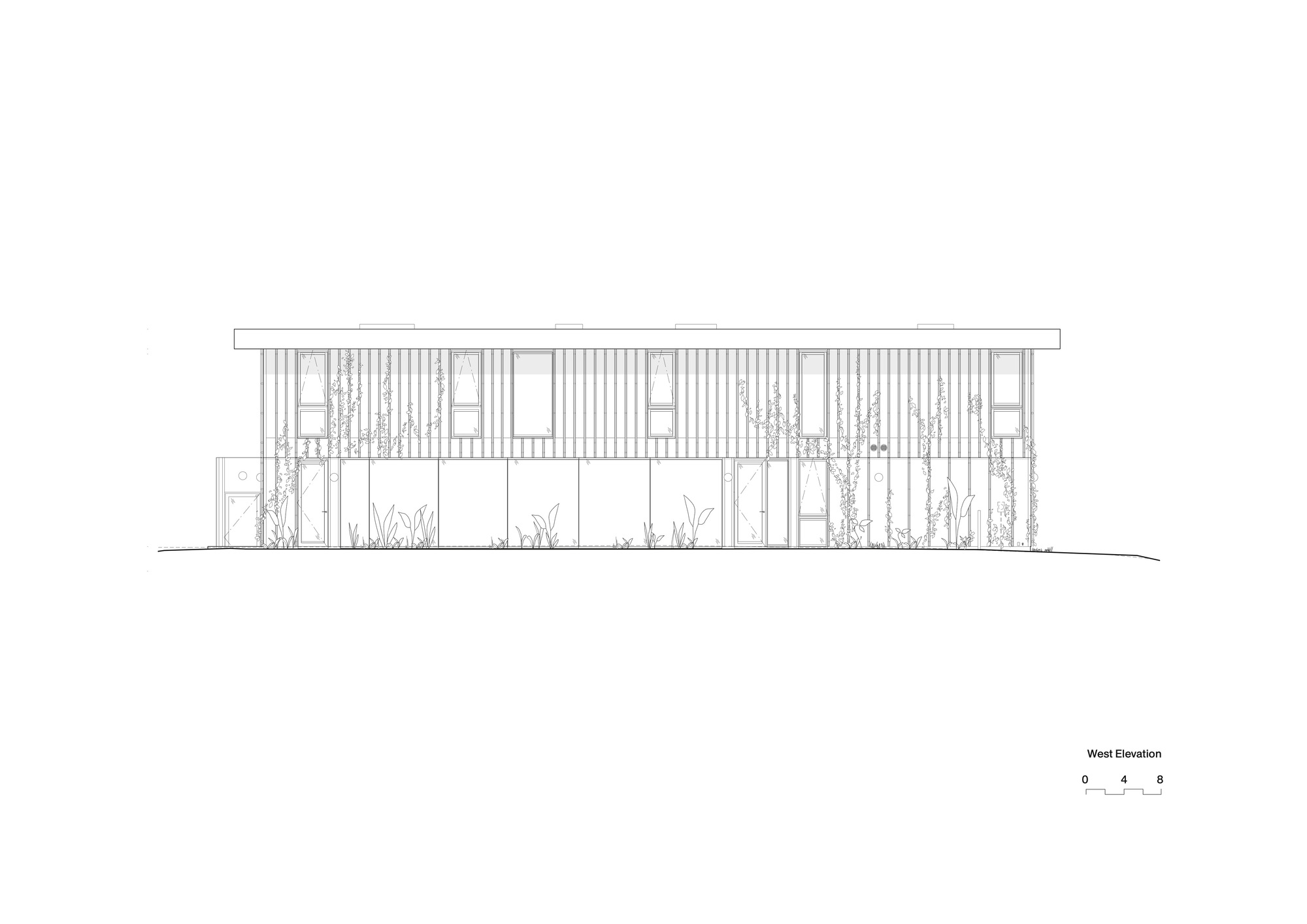 West elevation drawing depicting a facade with vertical timber slats and planted vegetation between solid panels