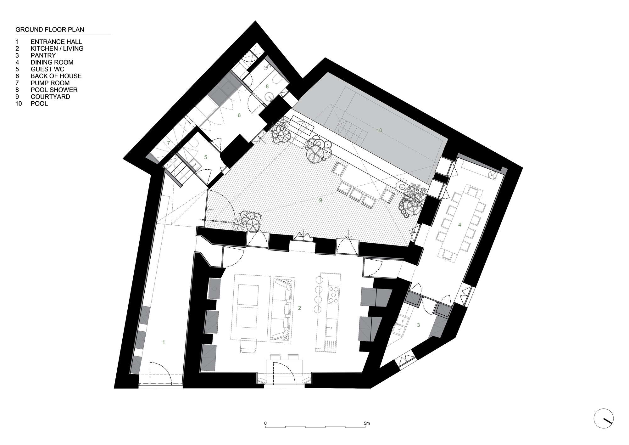 Ground floor plan drawing showing an irregular pentagonal footprint with entrance hall, living spaces and courtyard pool