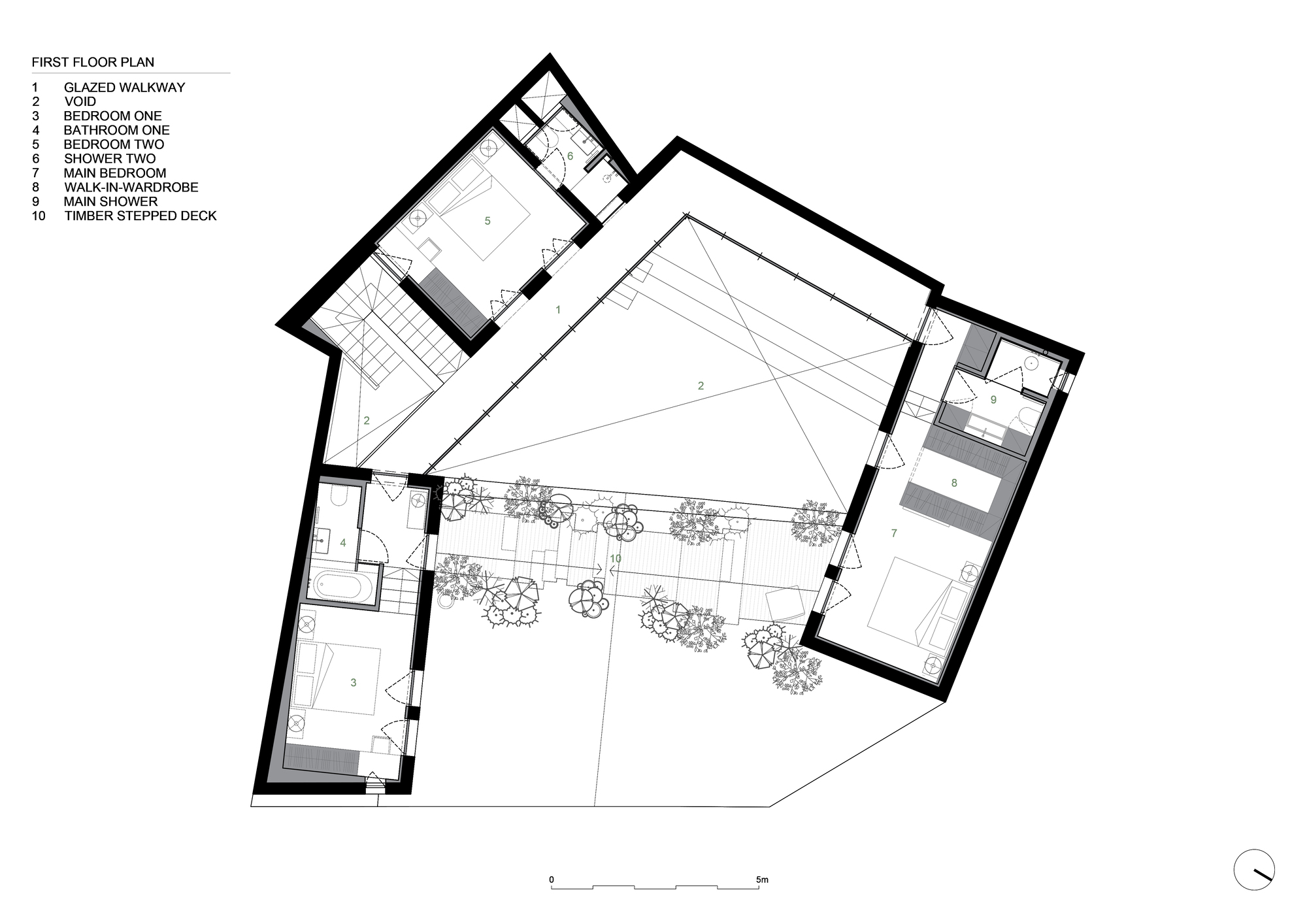 First floor plan drawing showing bedrooms, walkway and timber stepped deck with planted edge