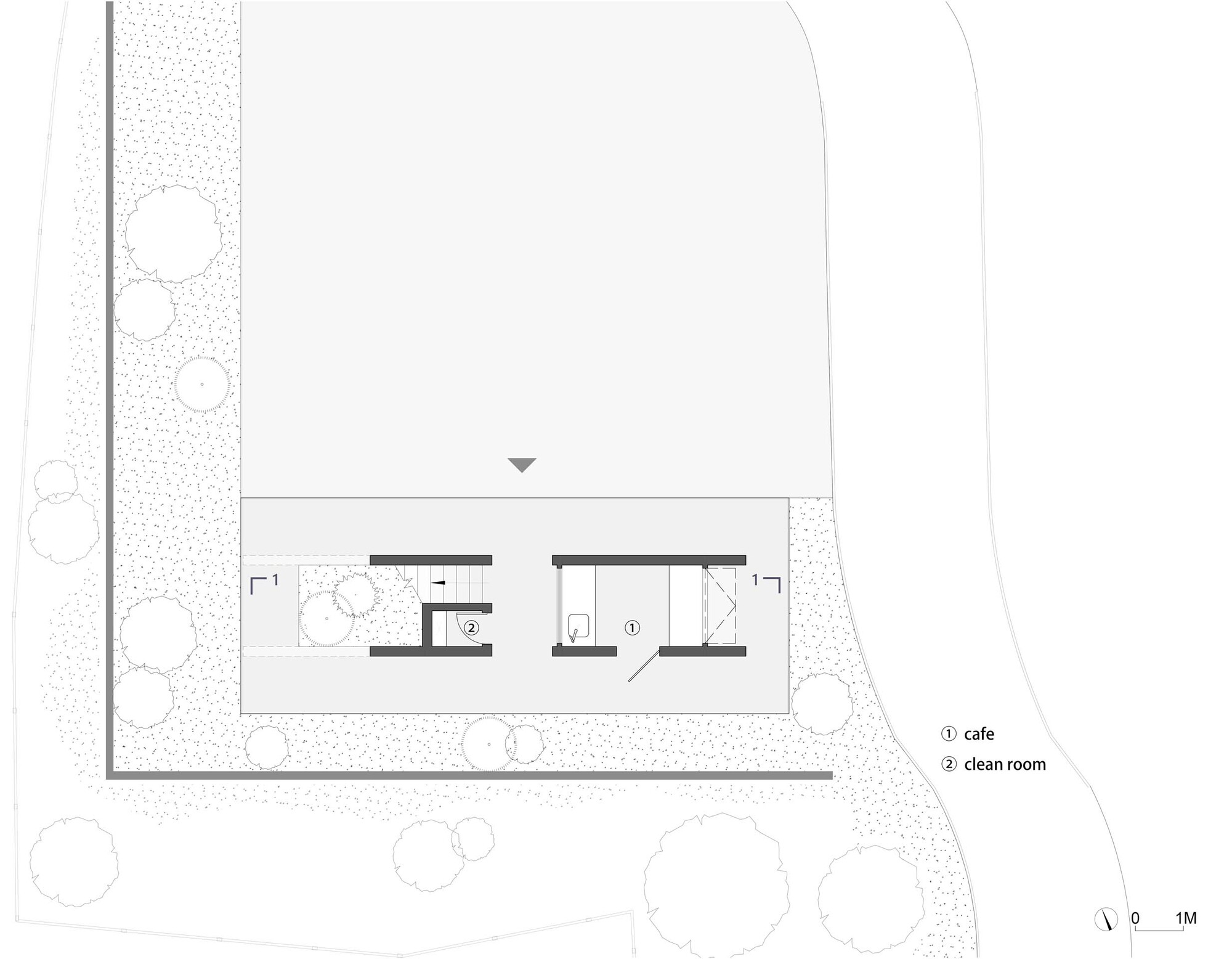 Ground floor plan showing a cafe and clean room within landscaped grounds with circular tree symbols