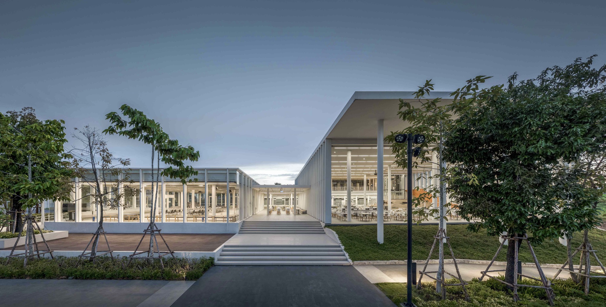 Front entry approach with wide steps leading to a glazed pavilion framed by young trees at dusk