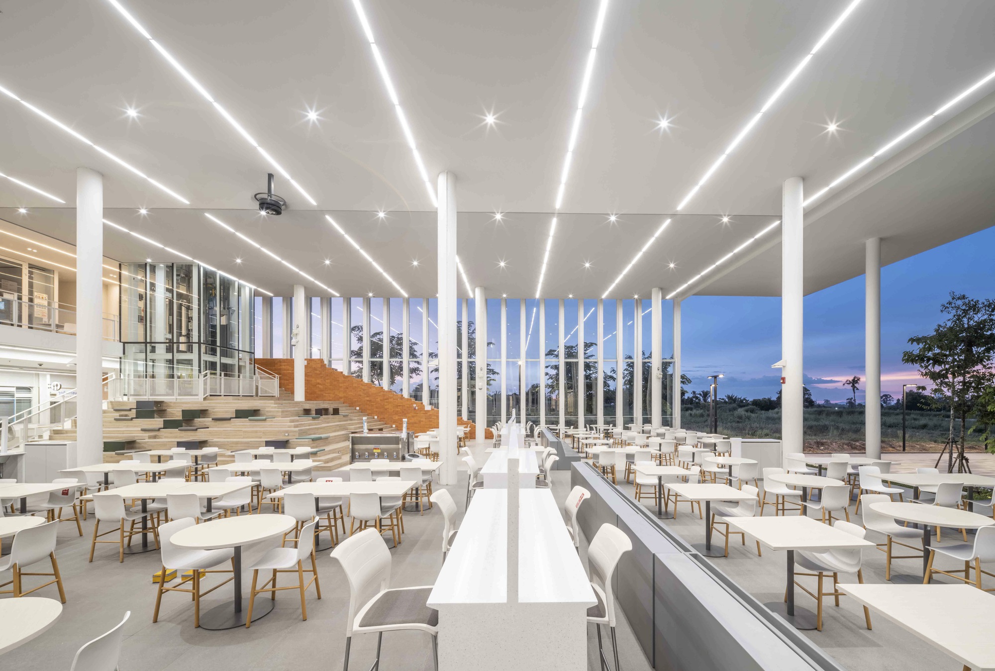 Dining hall interior showing timber stair, vertical louvers, and rows of tables beneath linear lighting