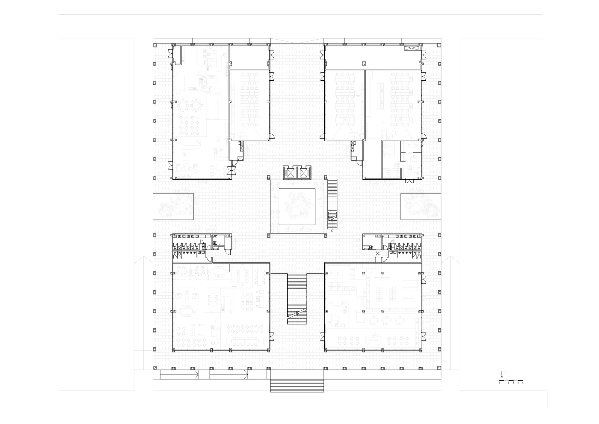 Ground floor plan drawing showing four rectangular volumes arranged around a central courtyard