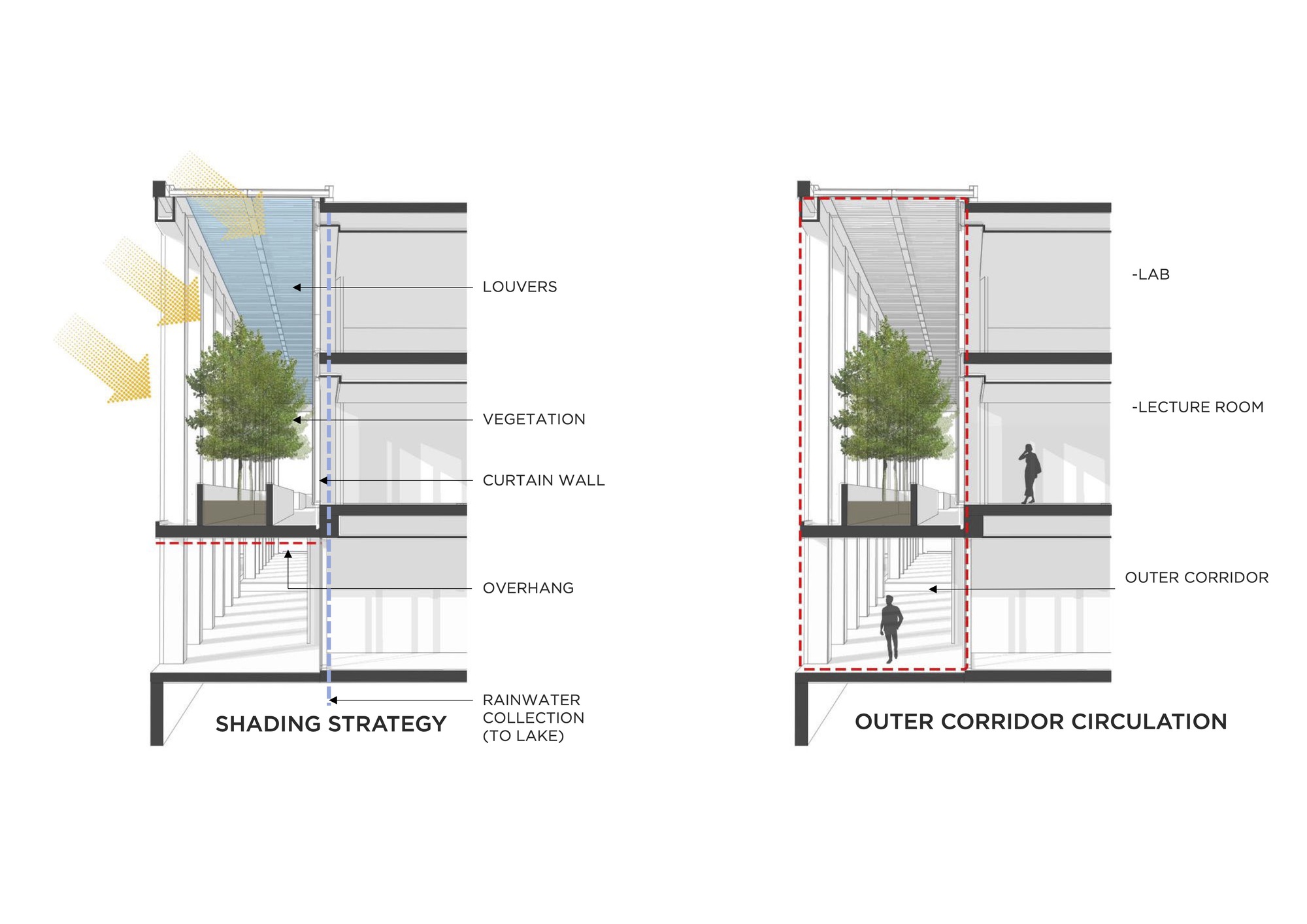 Building section drawings illustrating vertical circulation through multilevel corridors with planted trees and louvers