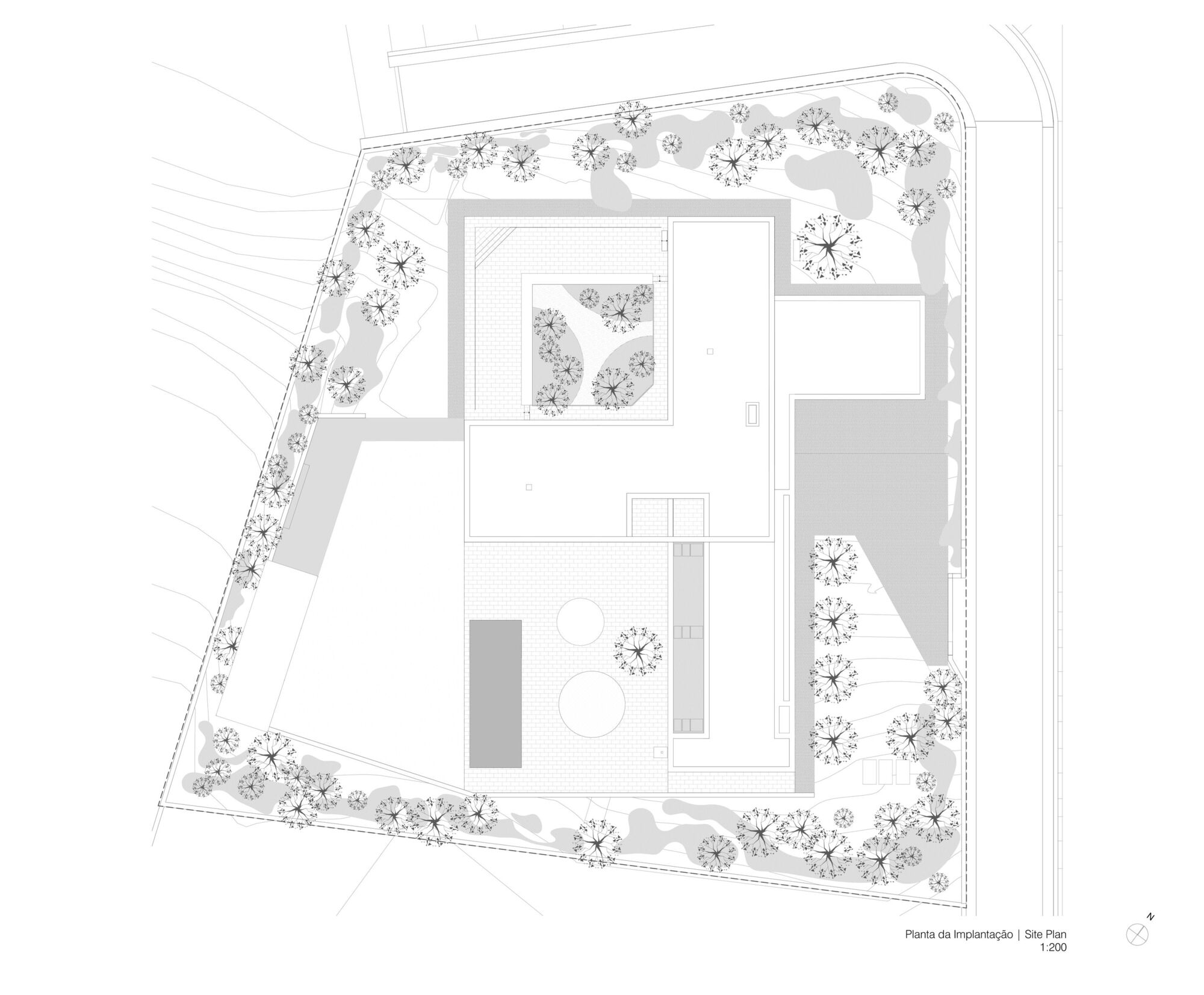 Site plan drawing showing building footprint surrounded by perimeter tree plantings