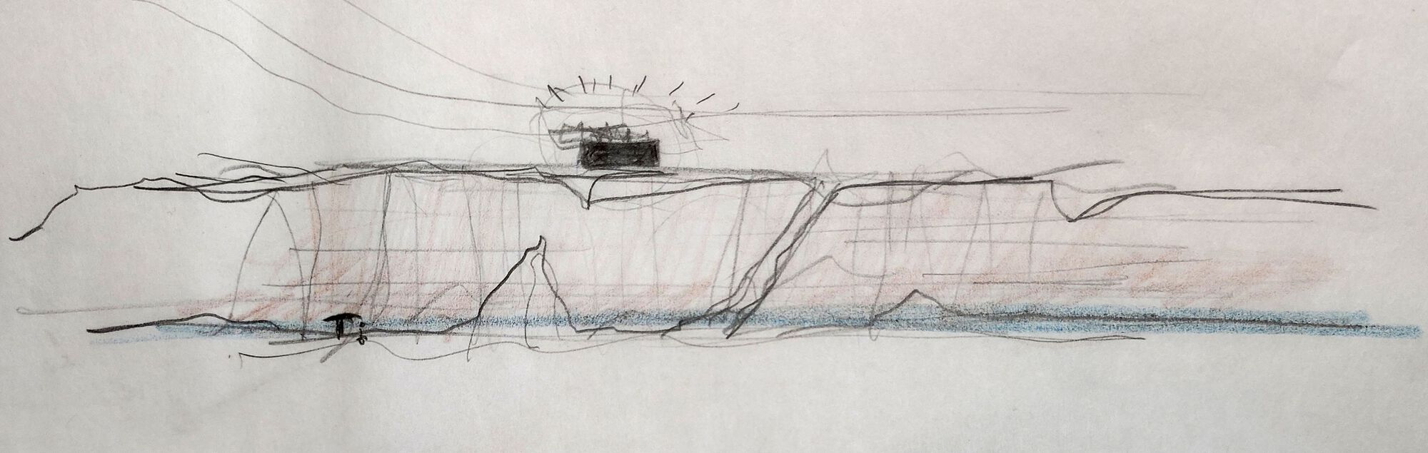 Sketch of a horizontal structure with curved roof canopy extending over terraced levels