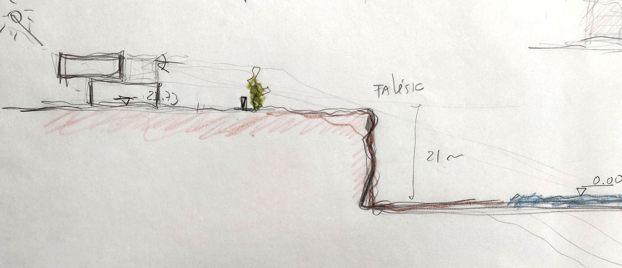 Detail sketch showing a bench and tree on a raised terrace edge with dimension annotations