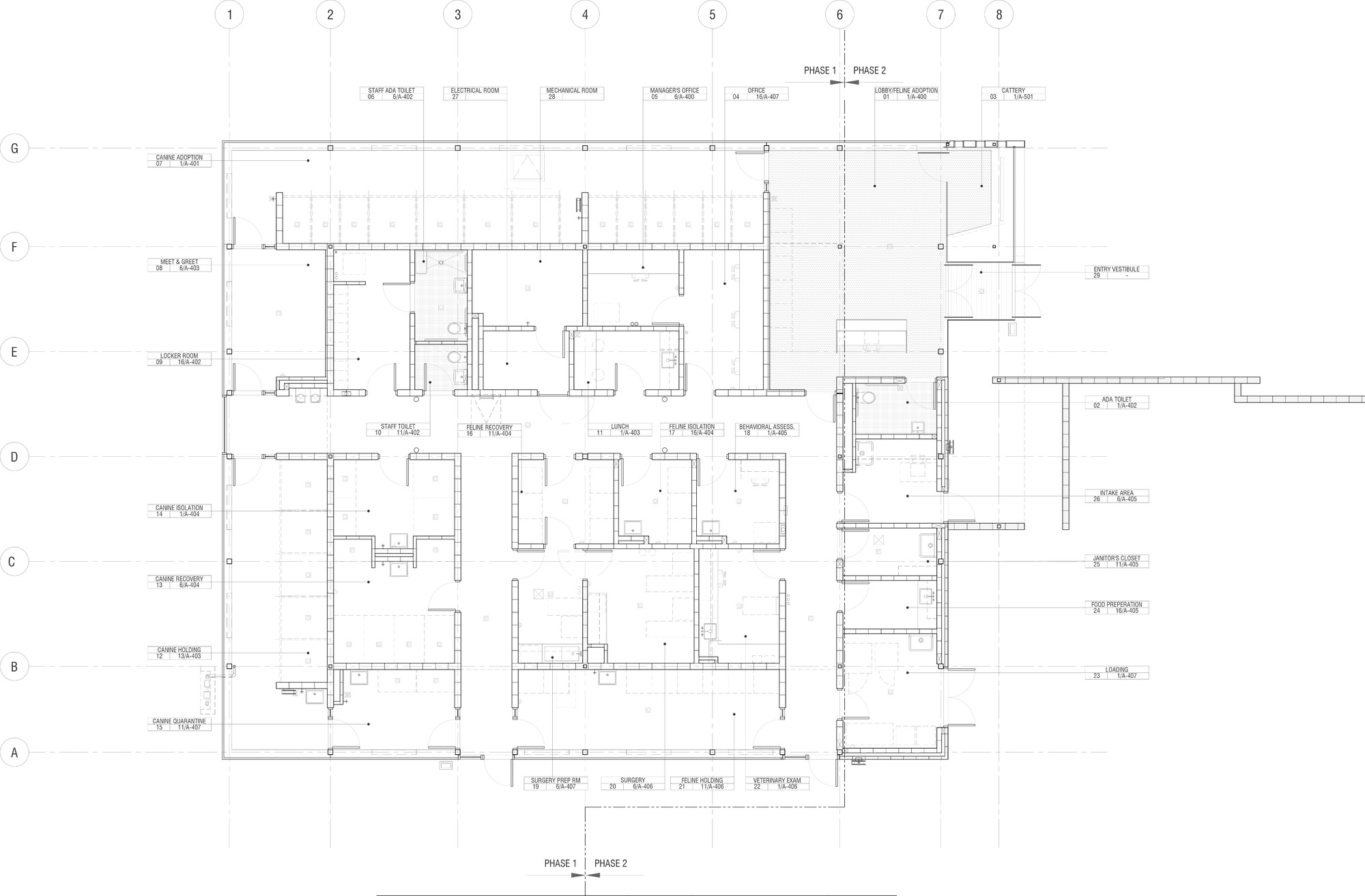 Reflected ceiling plan drawing detailing the grid layout and structural bays of the interior