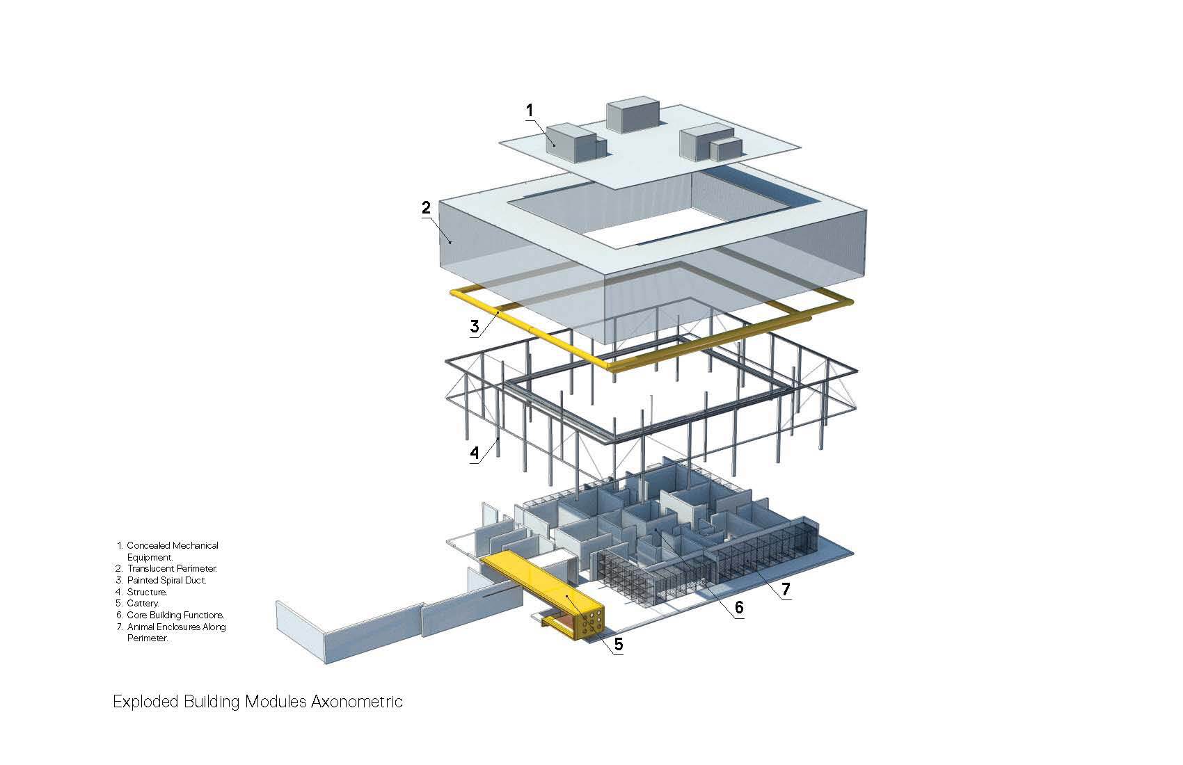 Exploded axonometric drawing showing layered building modules with roof elements, structural frame, and mechanical core