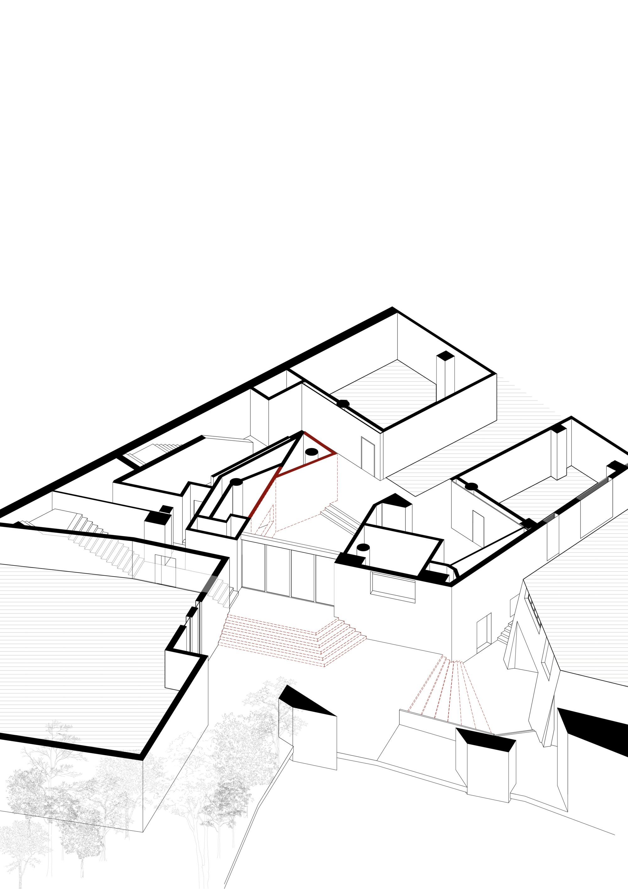 Axonometric drawing showing interconnected interior volumes with courtyards and angular roofs