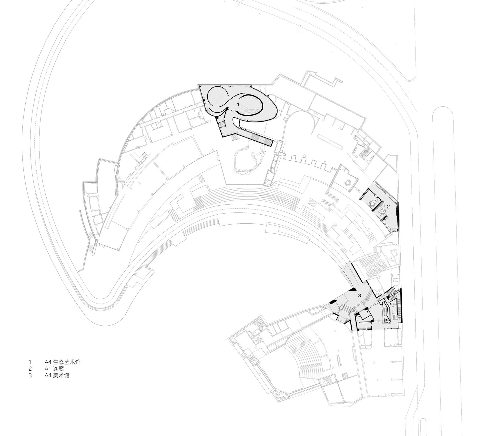 Site plan drawing showing a complex with curved seating areas and connecting paths along a waterfront edge