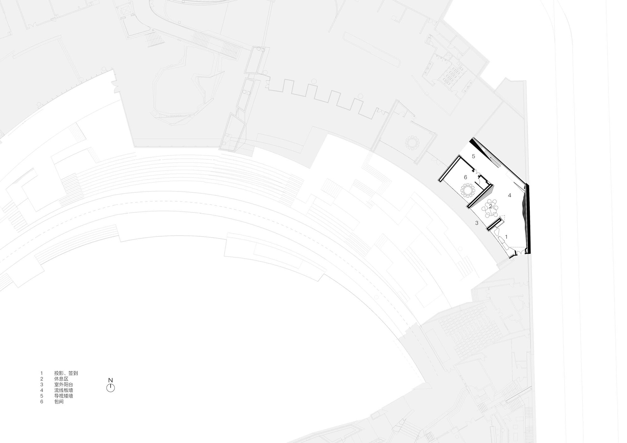 Floor plan drawing depicting a curved theater or auditorium with radiating seating rows and service rooms
