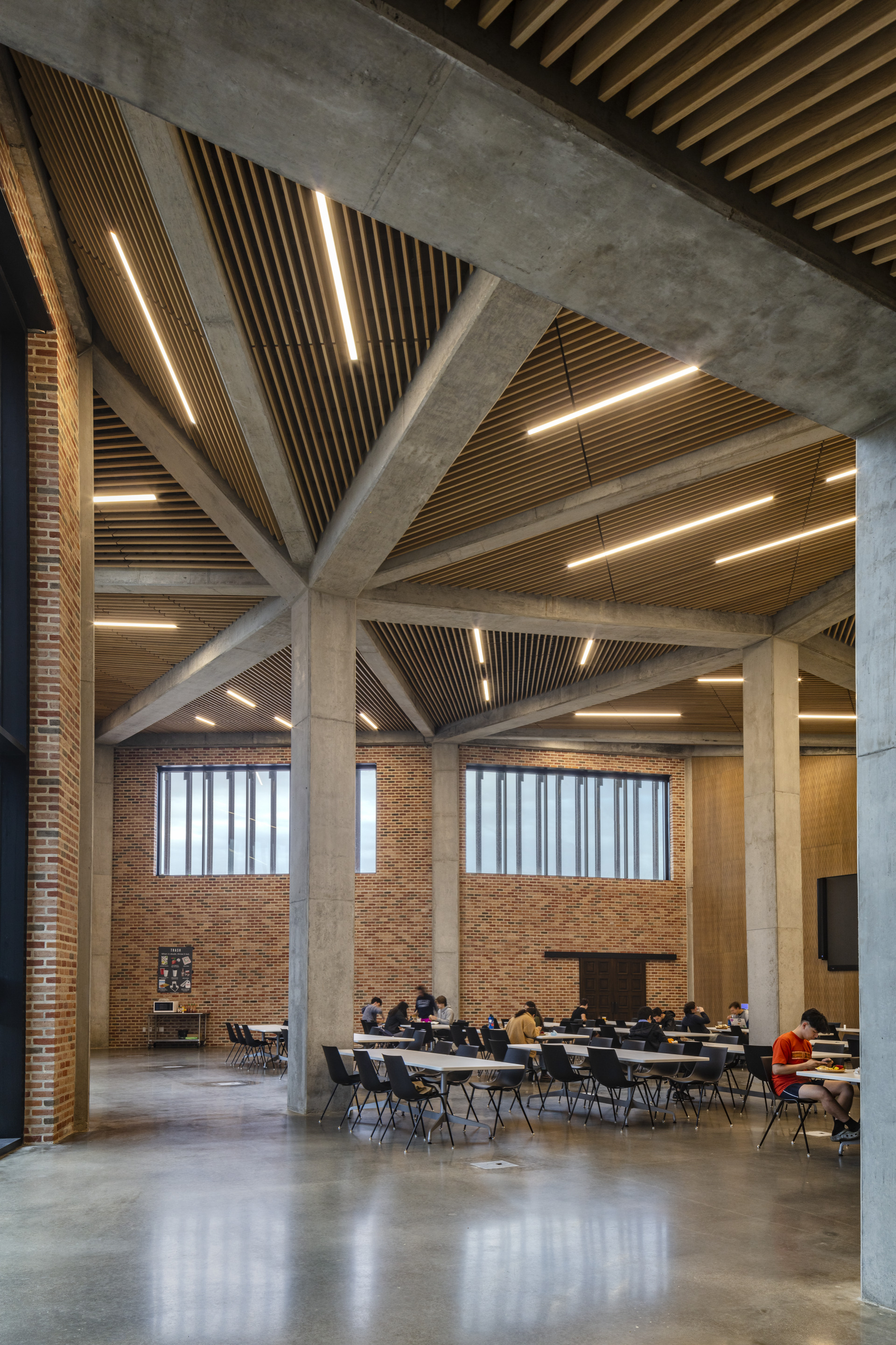 Double-height interior space with exposed concrete structure and timber-slatted ceiling panels