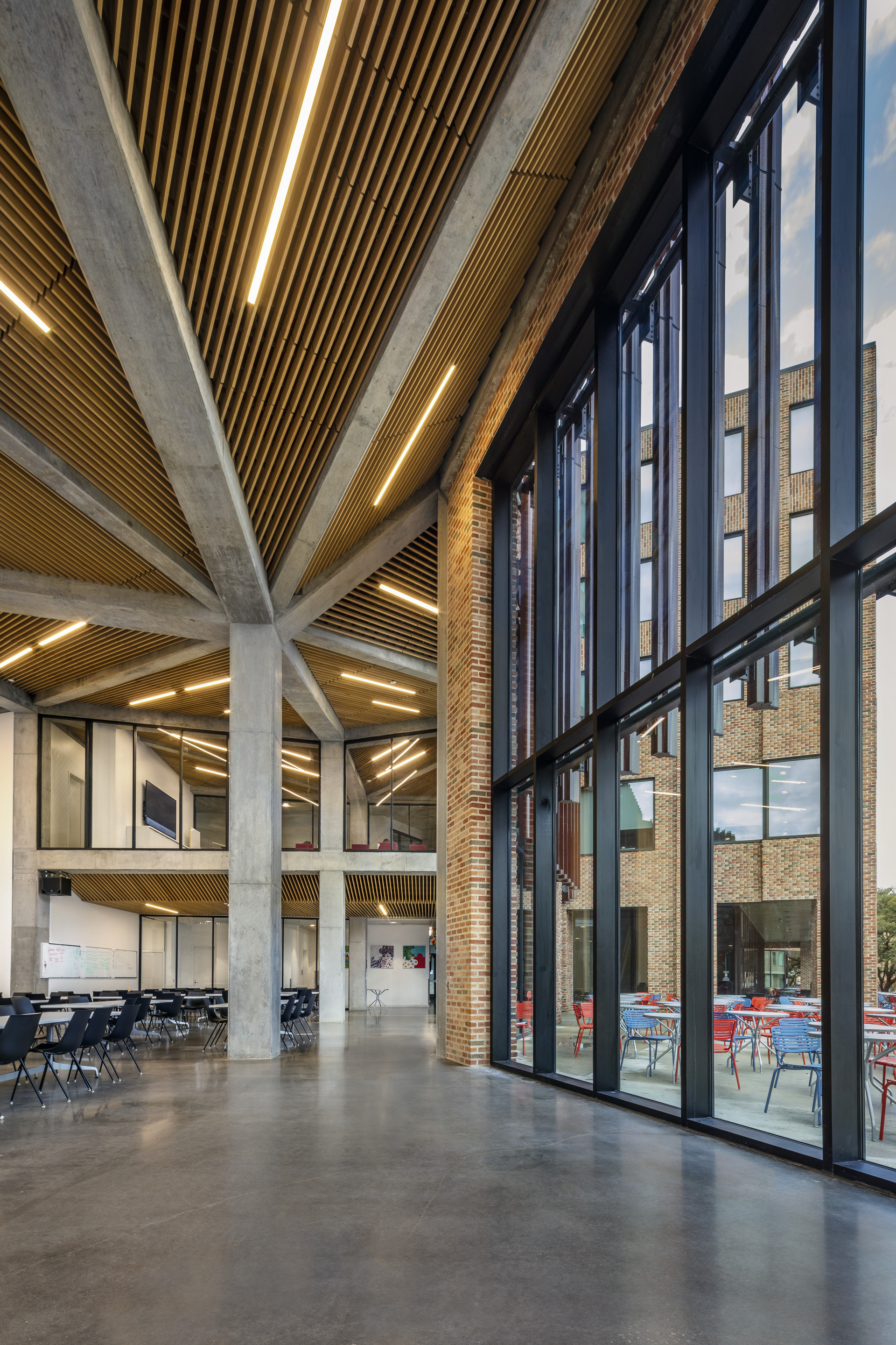 Double-height lobby with branching concrete column supporting timber-slatted ceiling radiating from central point