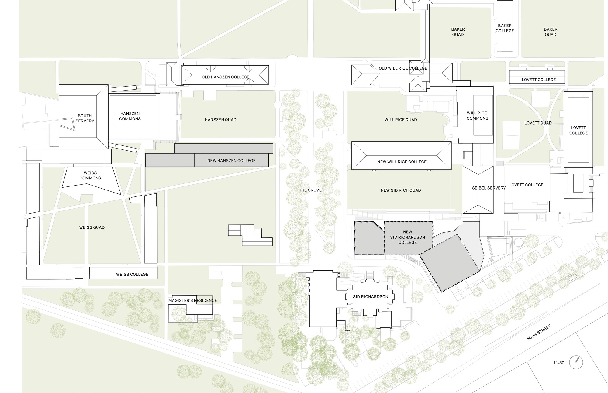 Site plan drawing showing multiple college buildings arranged around quadrangles and a central tree-lined grove