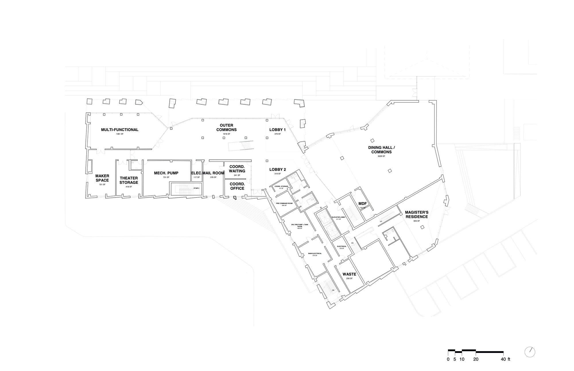 Ground floor plan drawing showing lobby spaces, mechanical rooms, and an angled residential wing