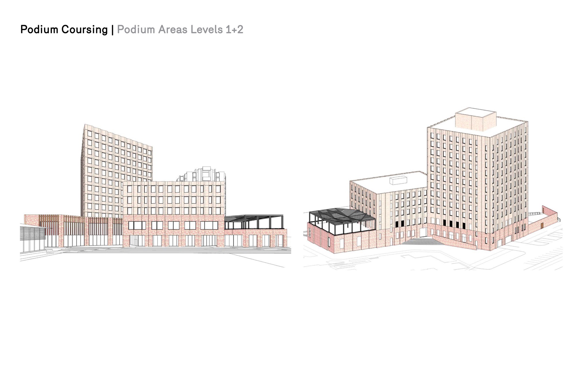 Elevation drawing showing the two-level podium coursing with horizontal banding wrapping the tower bases