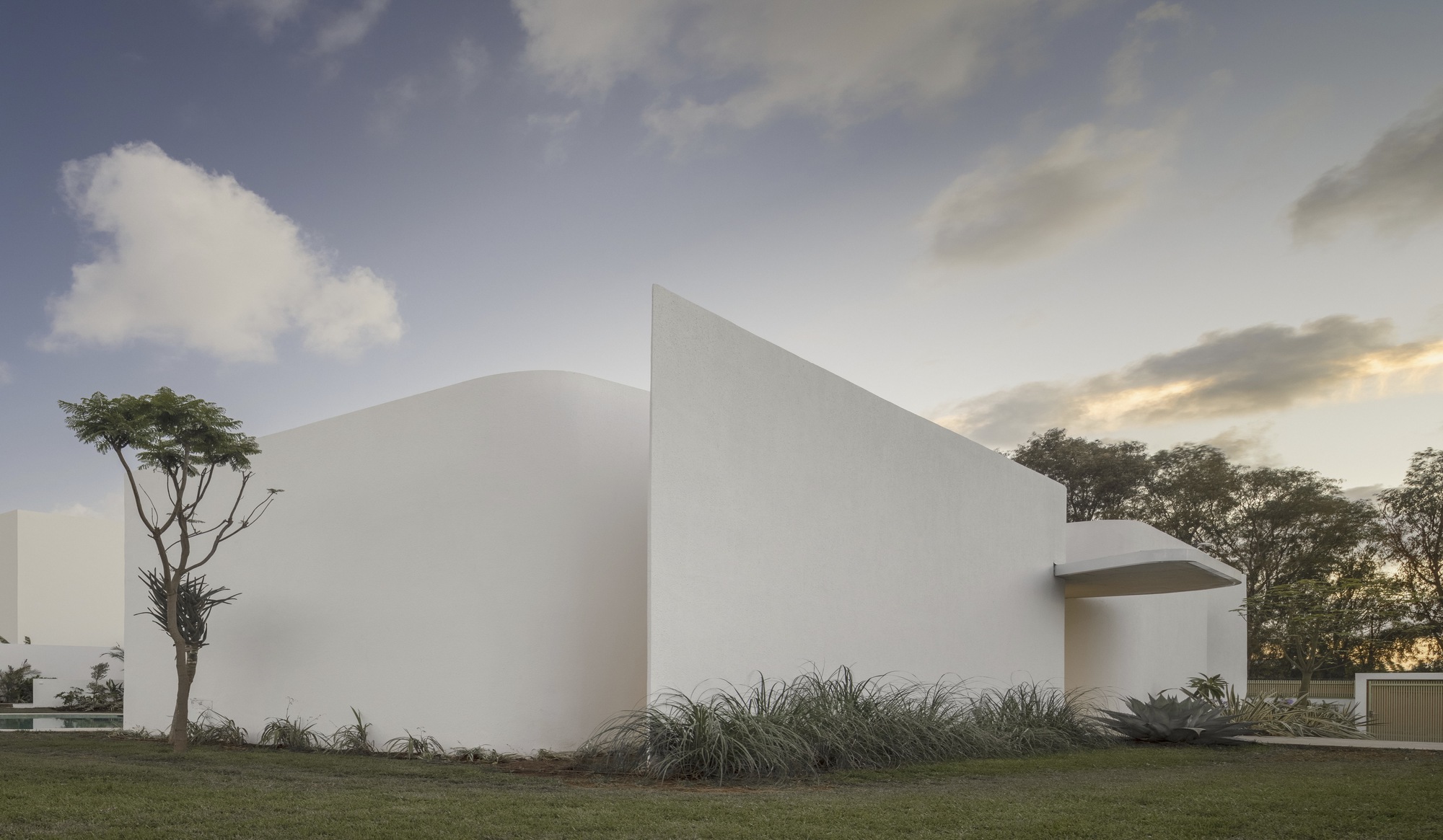 White stucco facade with curved opening flanked by grasses and a tree at dusk