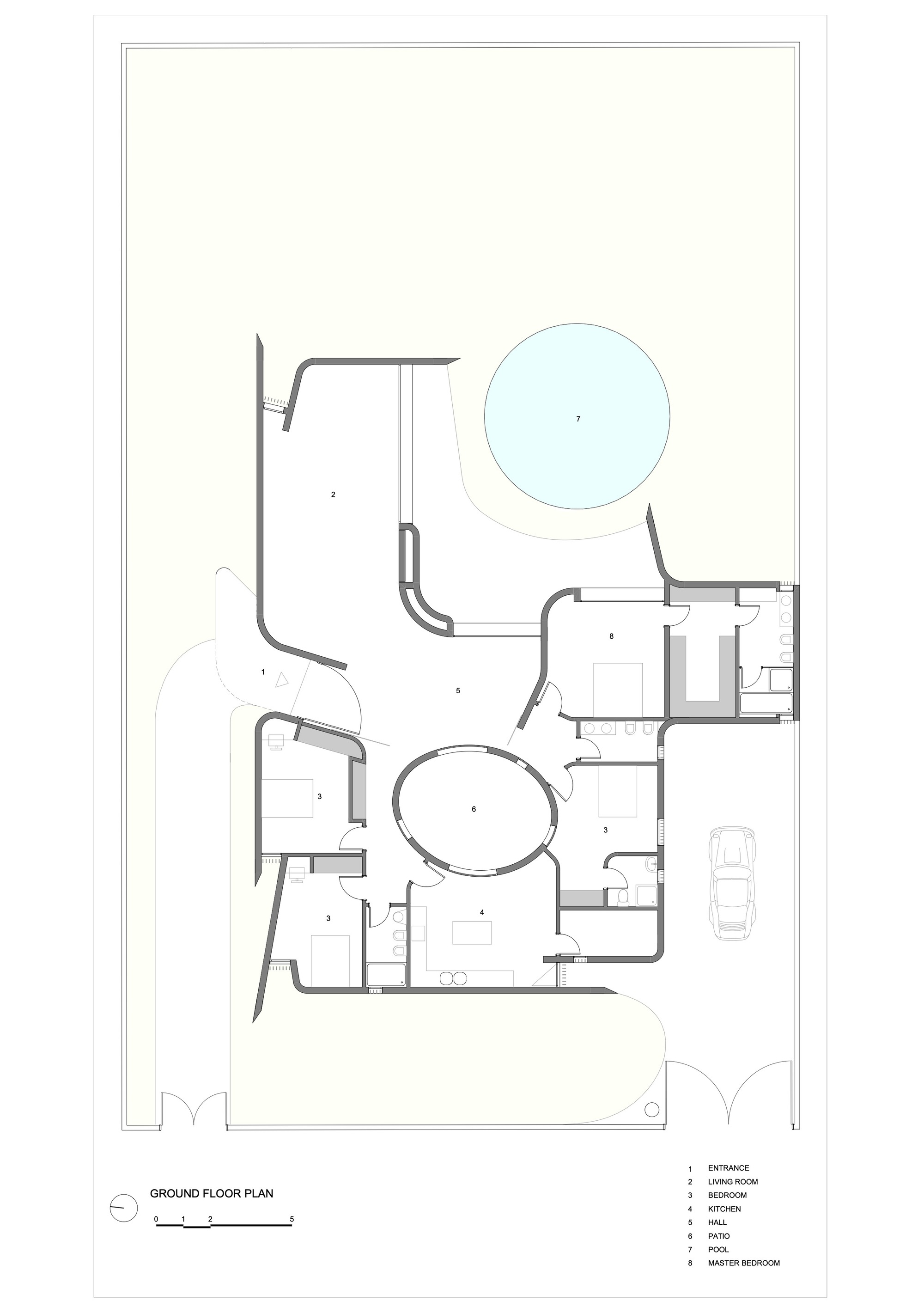 Ground floor plan drawing showing curvilinear rooms radiating from a central oval space