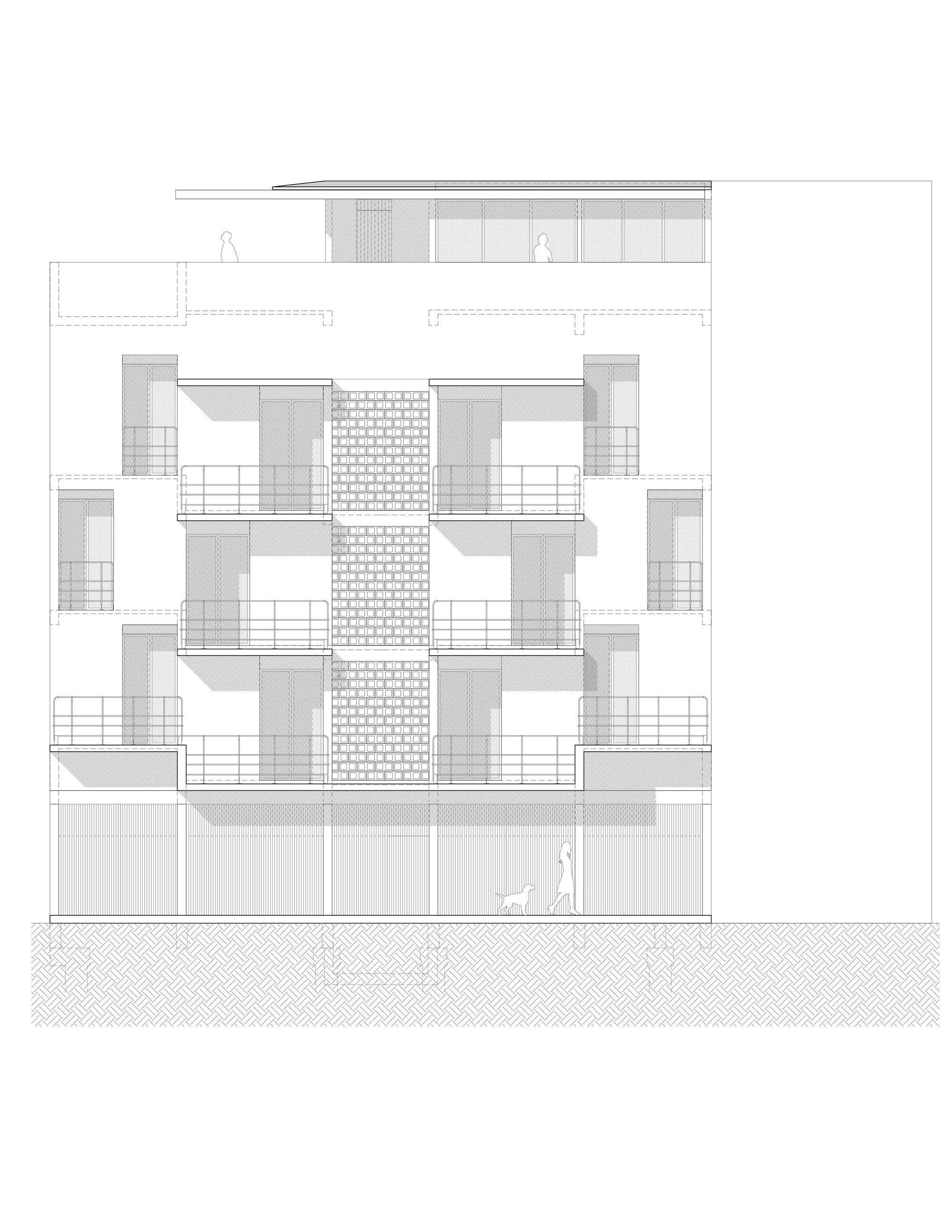 Elevation drawing depicting stacked balconies with screens and a textured central facade panel