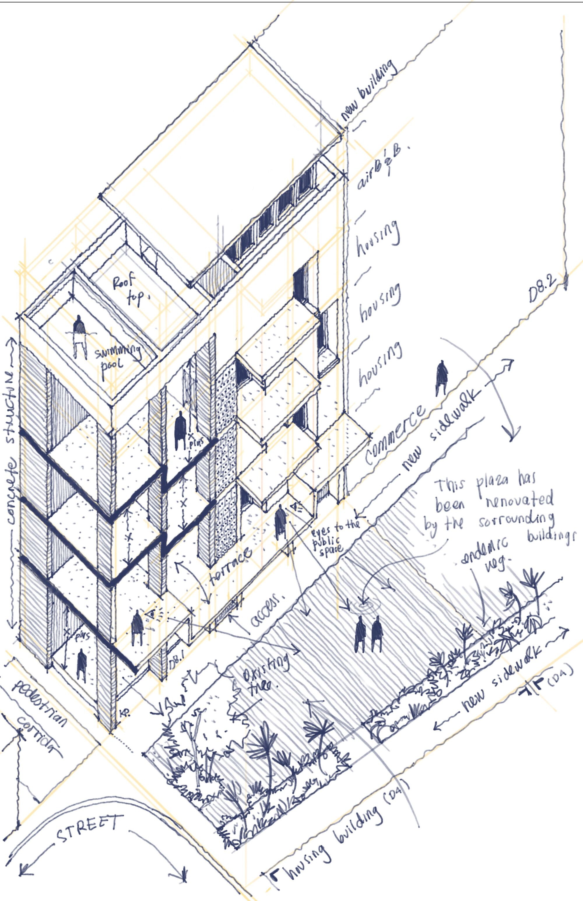 Axonometric sketch with handwritten annotations showing housing units arranged around a shared terrace and rooftop garden